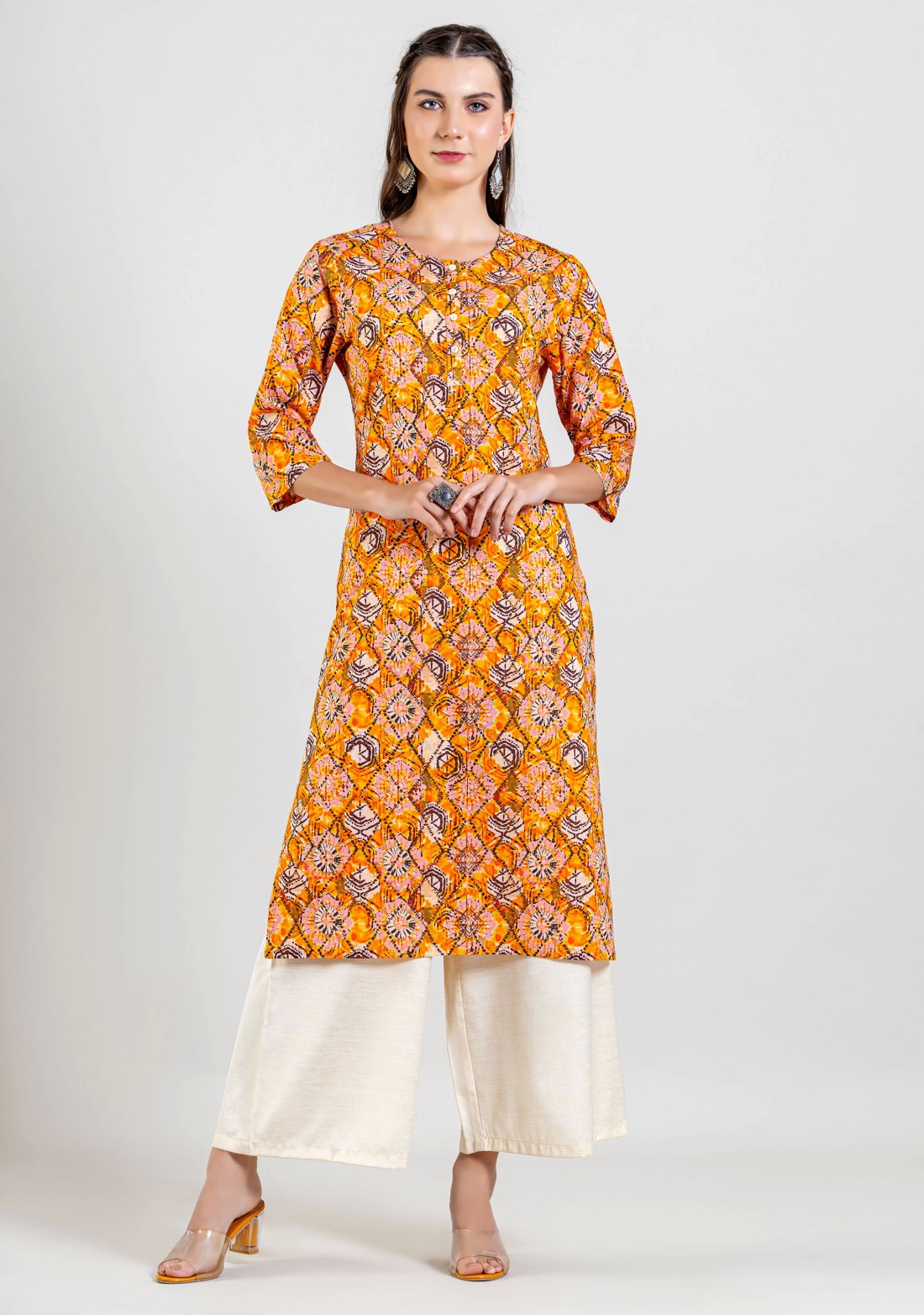 Yellow Tie and Dye Print Cotton Straight Kurta