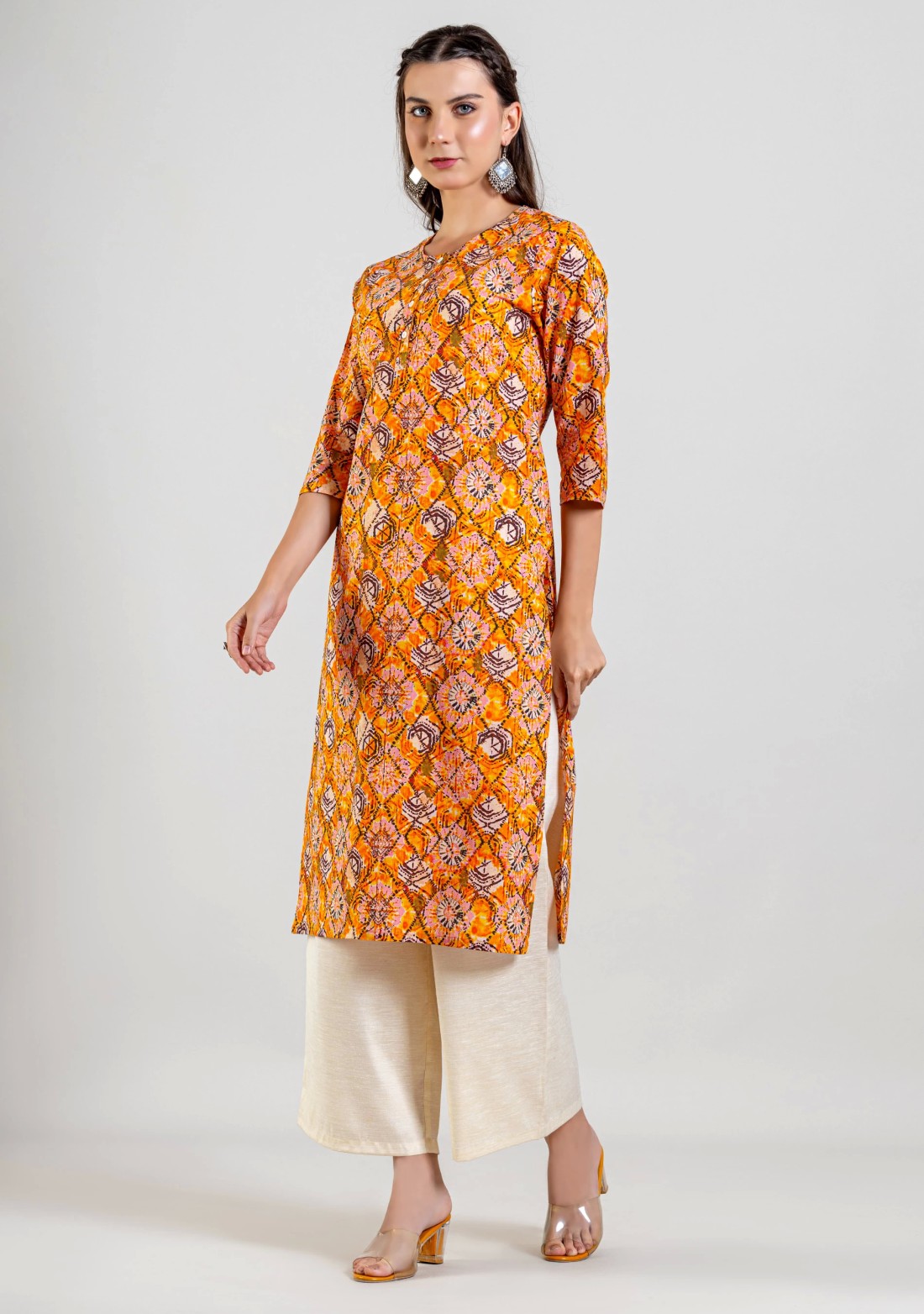 Yellow Tie and Dye Print Cotton Straight Kurta