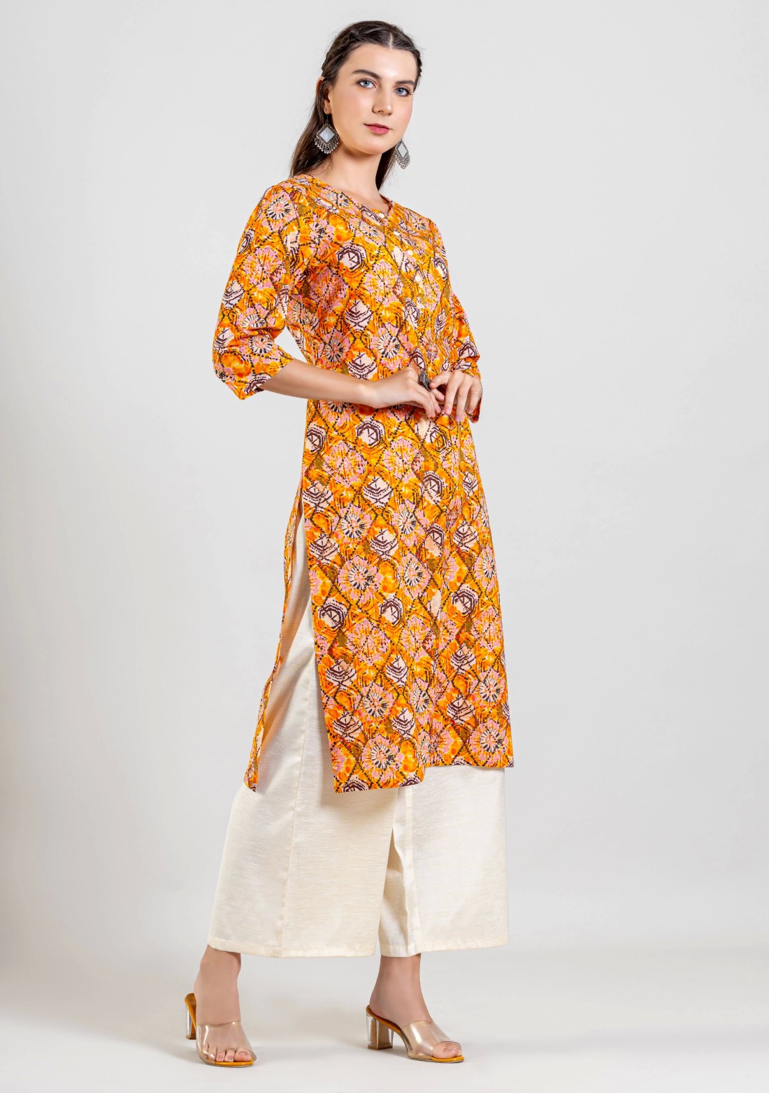 Yellow Tie and Dye Print Cotton Straight Kurta