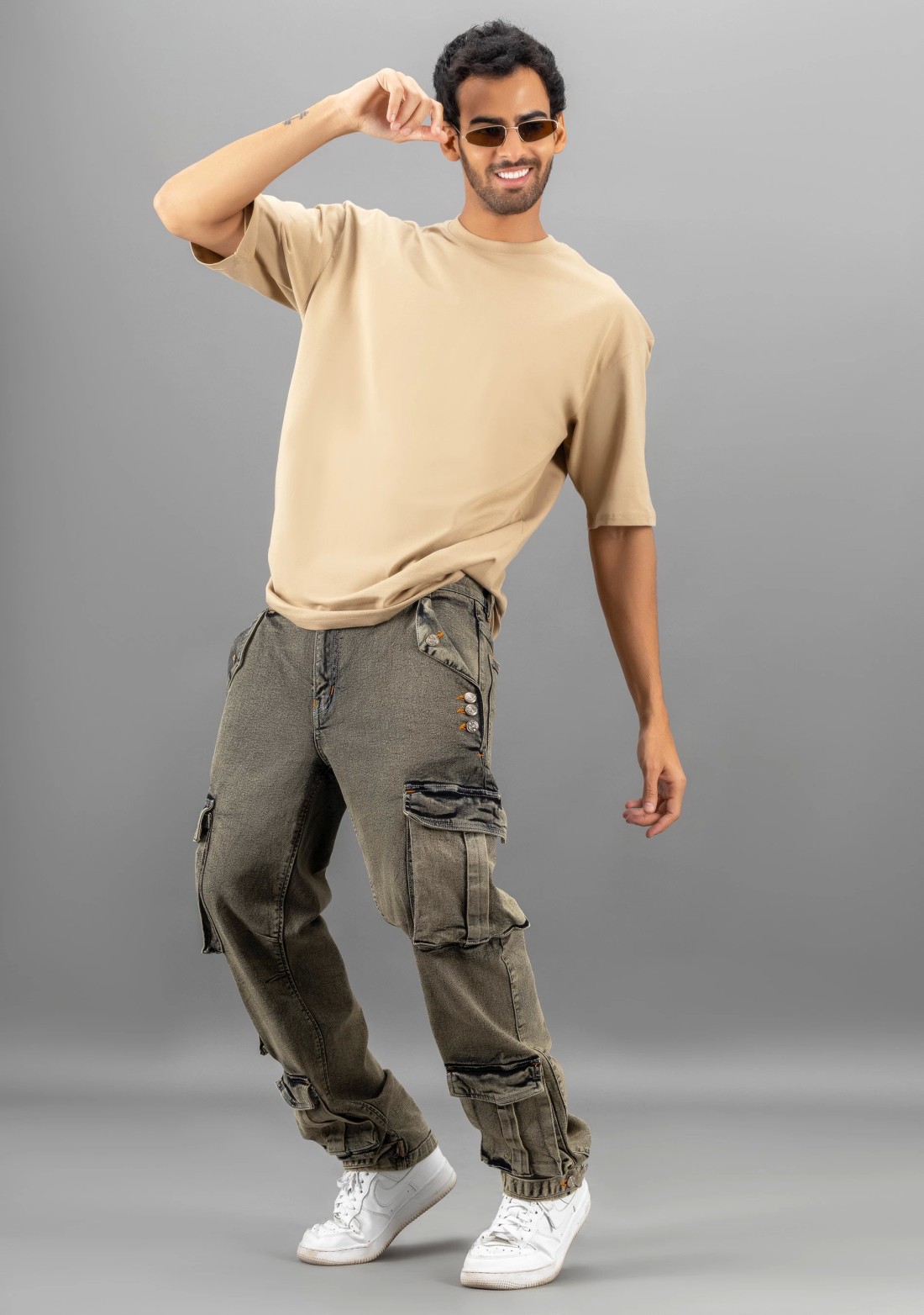 Greenish Grey Straight Fit Men's Cargo Style Jeans
