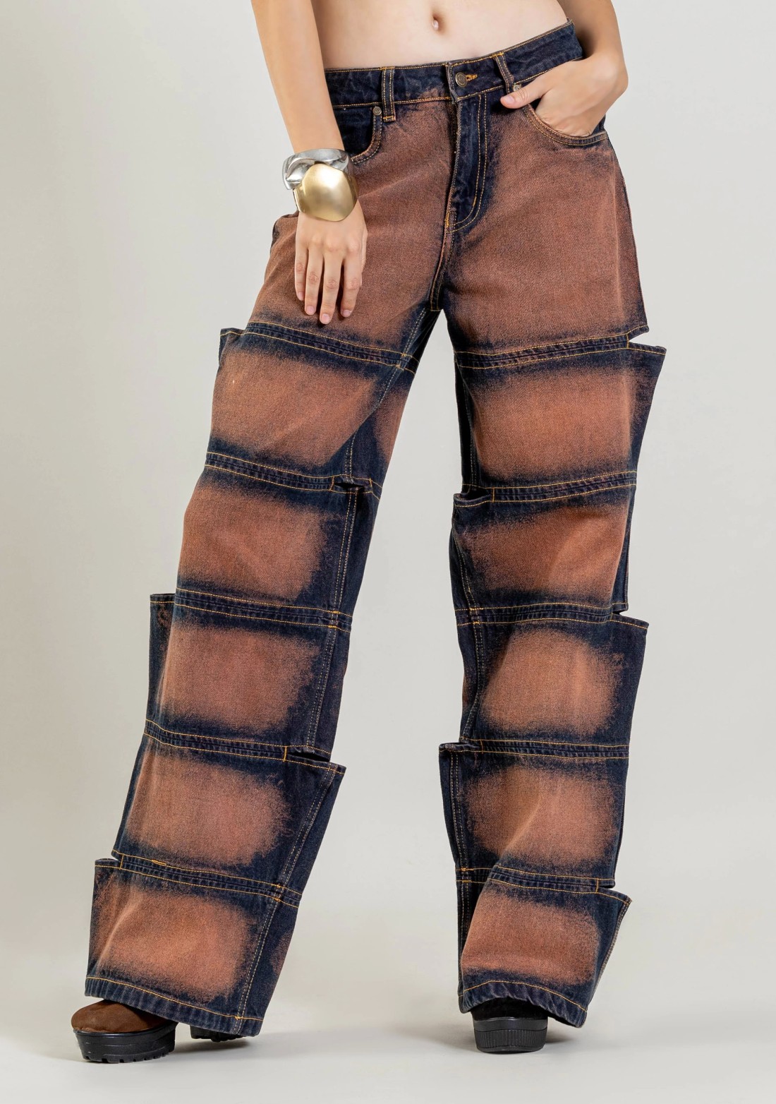 Rust Wide Leg Multi Panel Women's Jeans