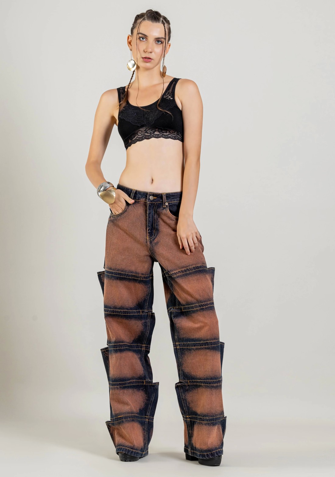 Rust Wide Leg Multi Panel Women's Jeans