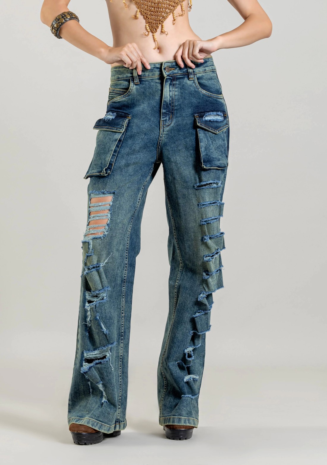 Blue Wide Leg Women's Distressed Cargo Style Jeans