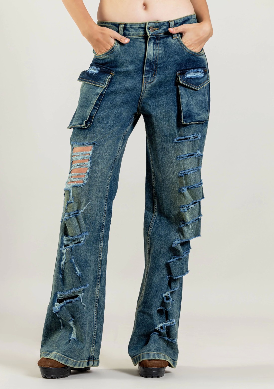 Blue Wide Leg Women's Distressed Cargo Style Jeans