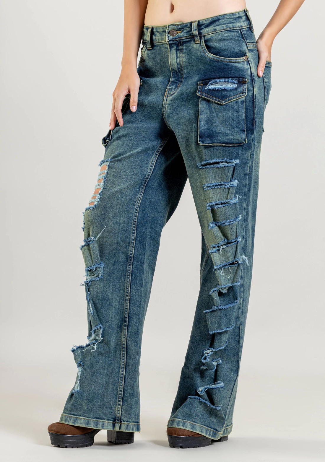 Blue Wide Leg Women's Distressed Cargo Style Jeans