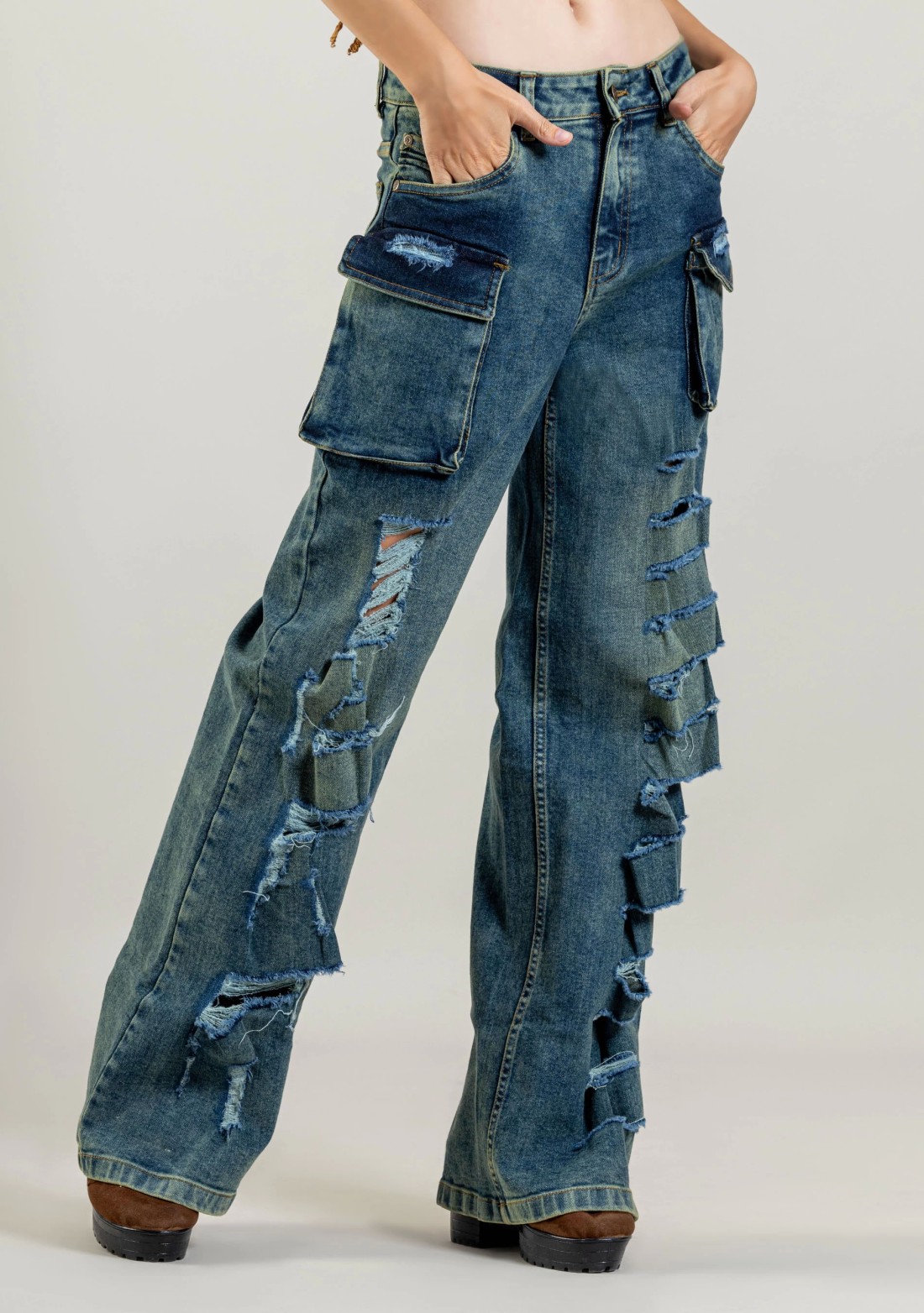 Blue Wide Leg Women's Distressed Cargo Style Jeans