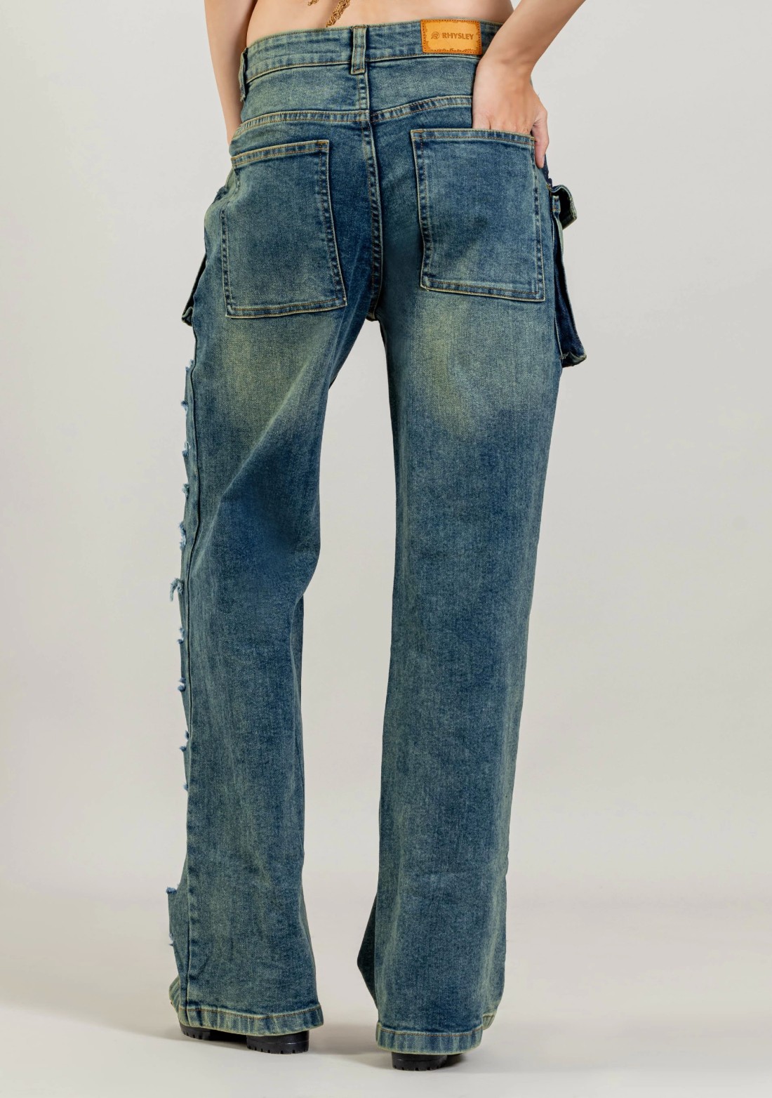 Blue Wide Leg Women's Distressed Cargo Style Jeans