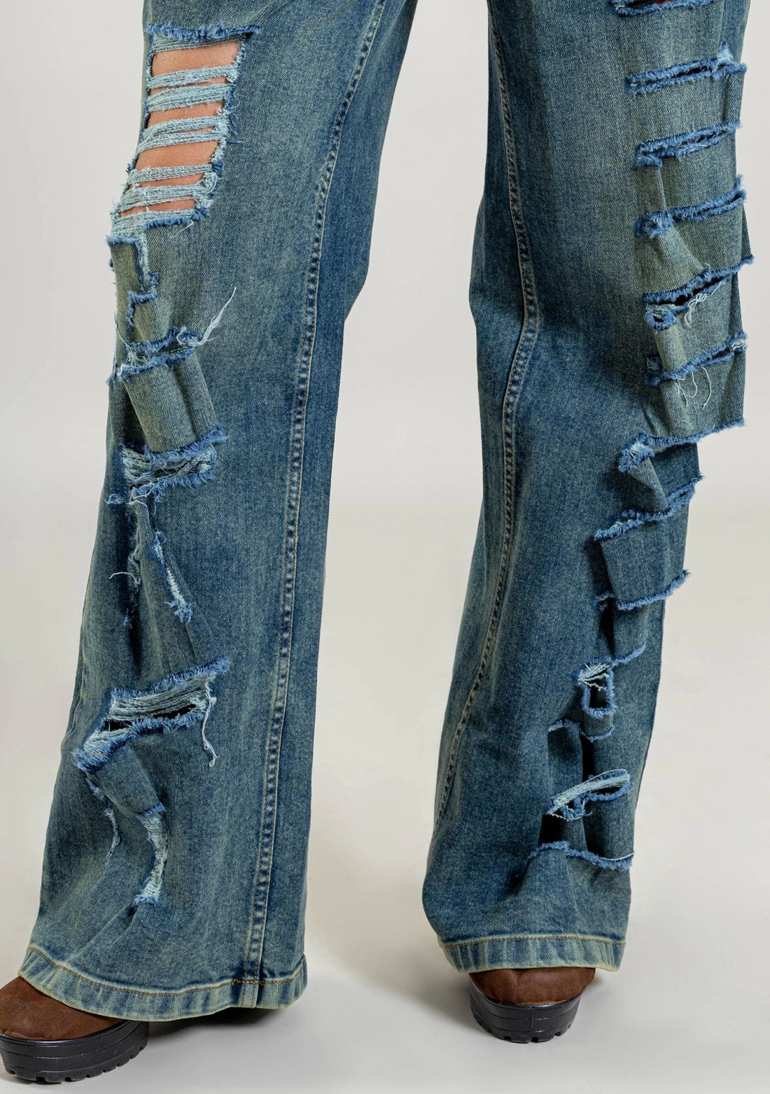 Blue Wide Leg Women's Distressed Cargo Style Jeans