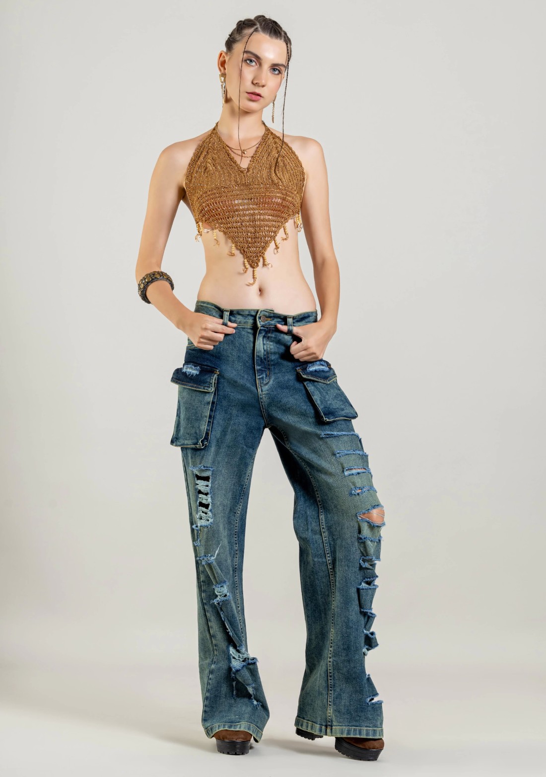 Blue Wide Leg Women's Distressed Cargo Style Jeans