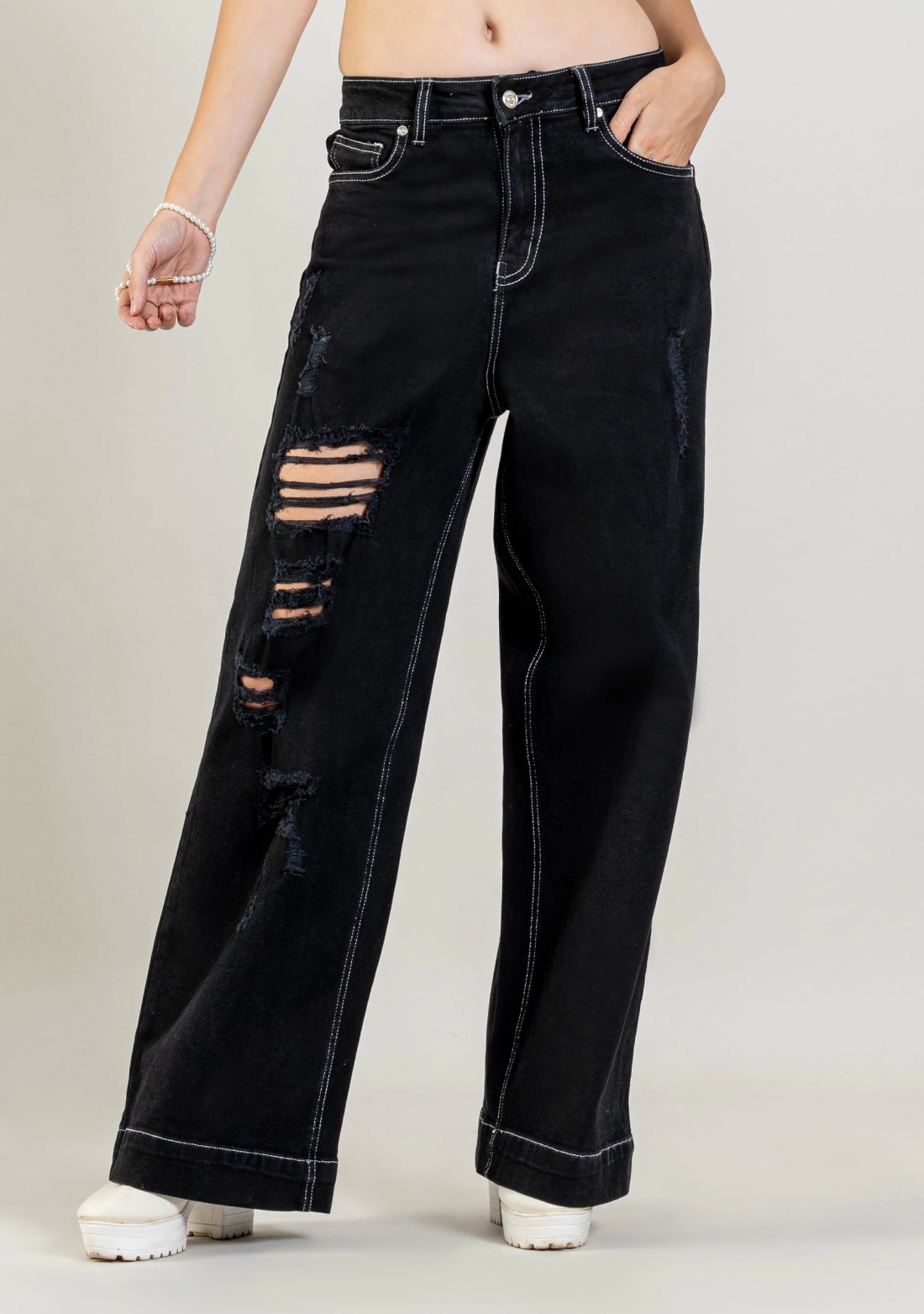 Black Wide Leg Women’s Distressed Jeans