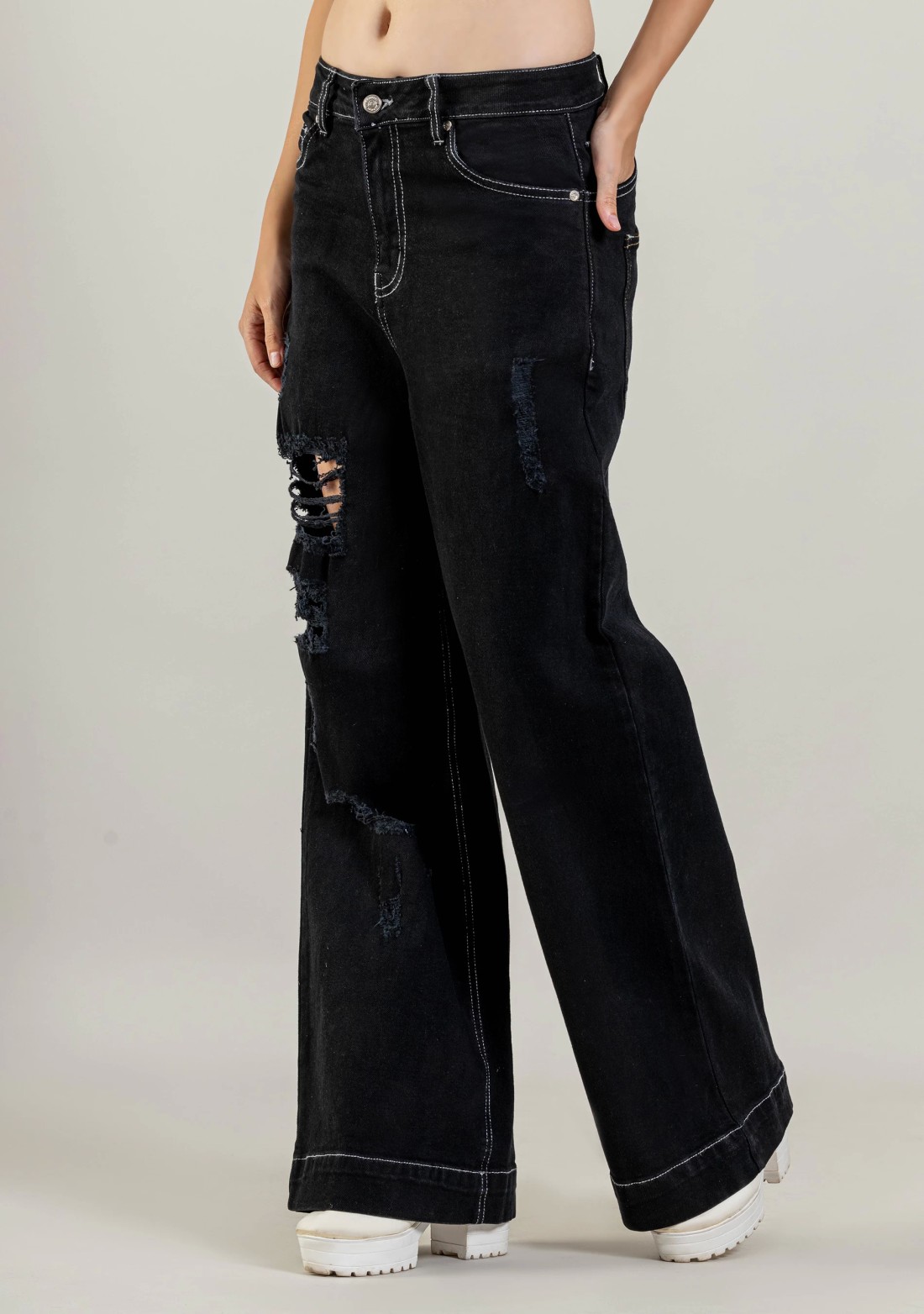 Black Wide Leg Women’s Distressed Jeans