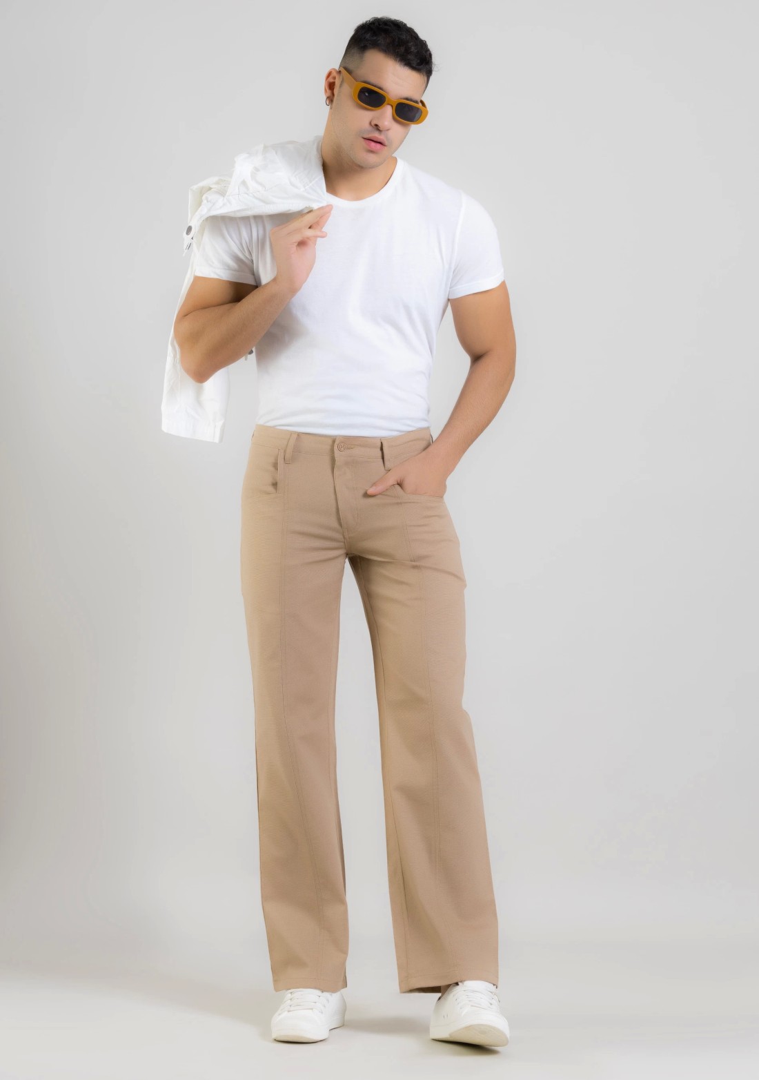 Khaki Wide Leg Men’s Casual Cotton Trousers