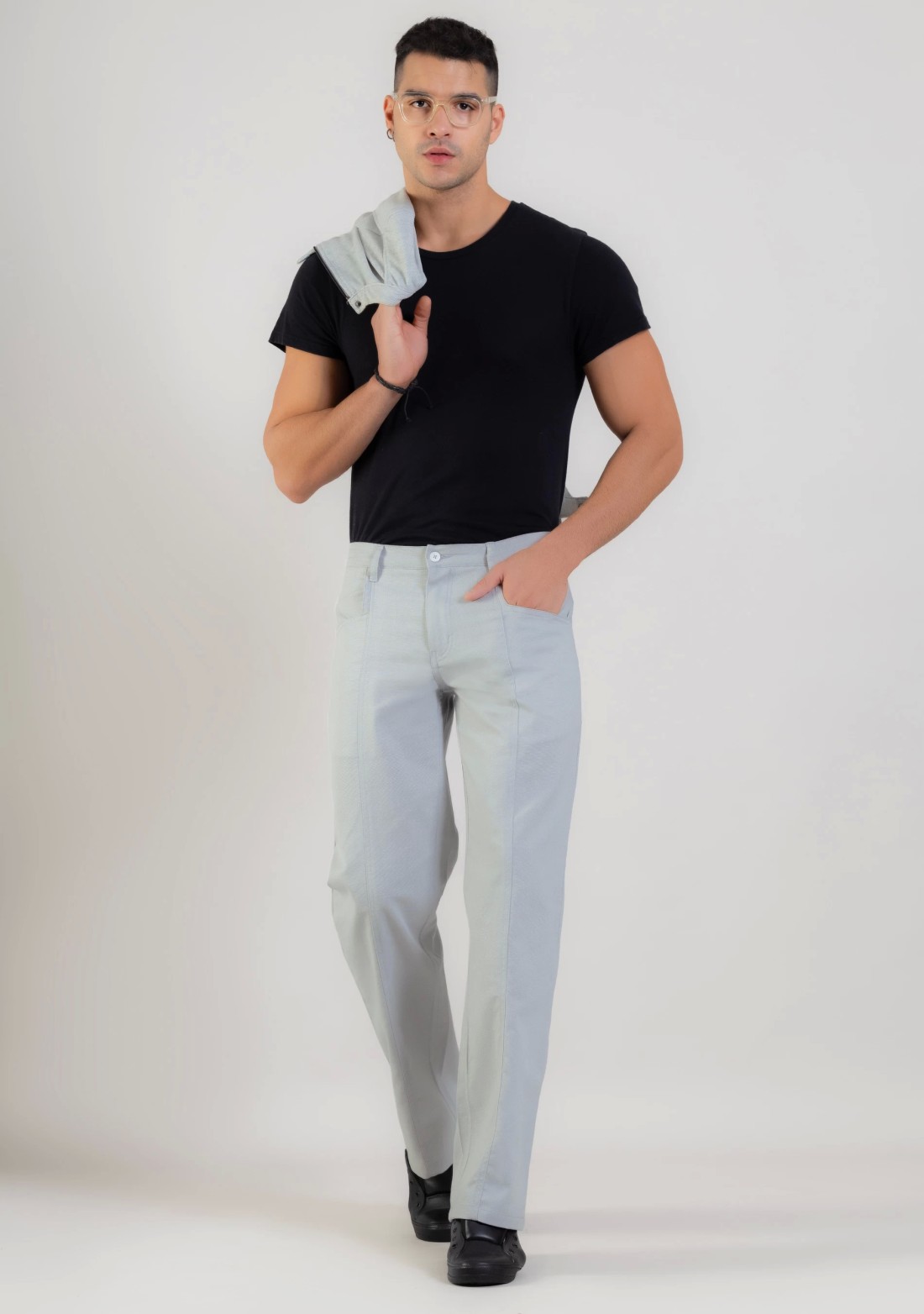 Grey Wide Leg Men’s Casual Cotton Trousers