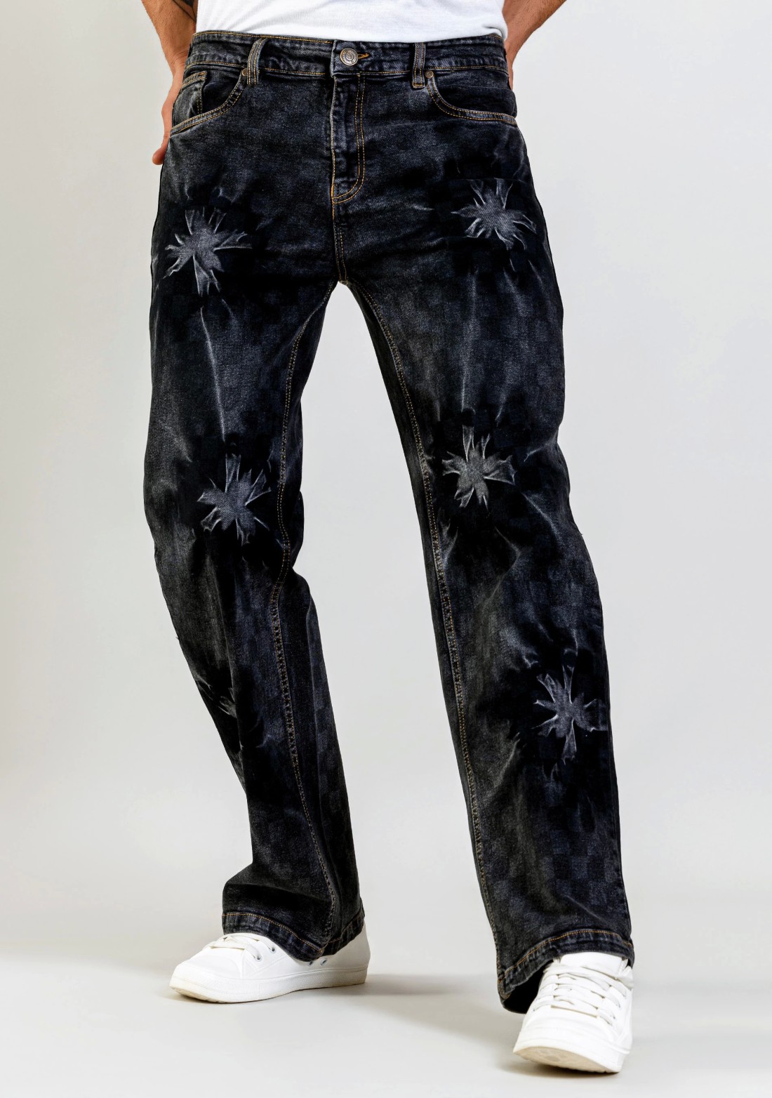 Black Wide Leg Tie And Dye Men's Checked Jeans