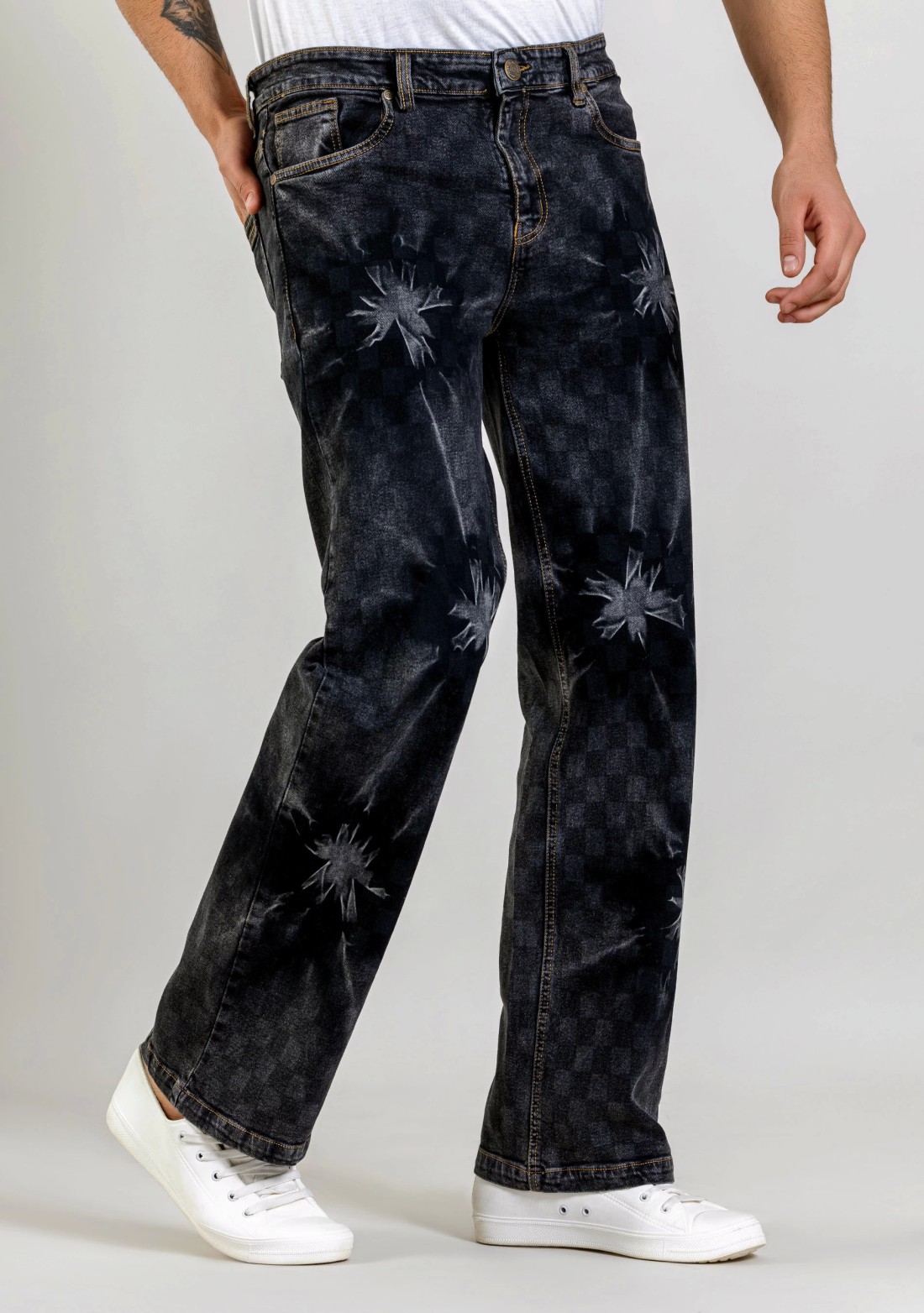 Black Wide Leg Tie And Dye Men's Checked Jeans