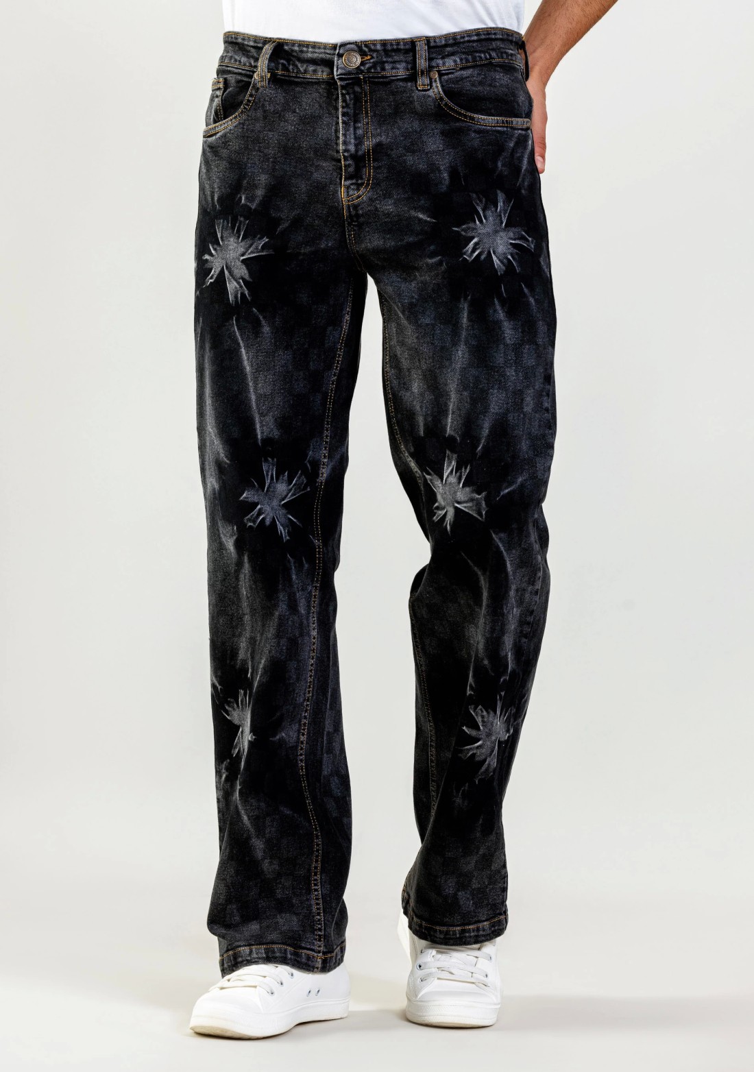 Black Wide Leg Tie And Dye Men's Checked Jeans