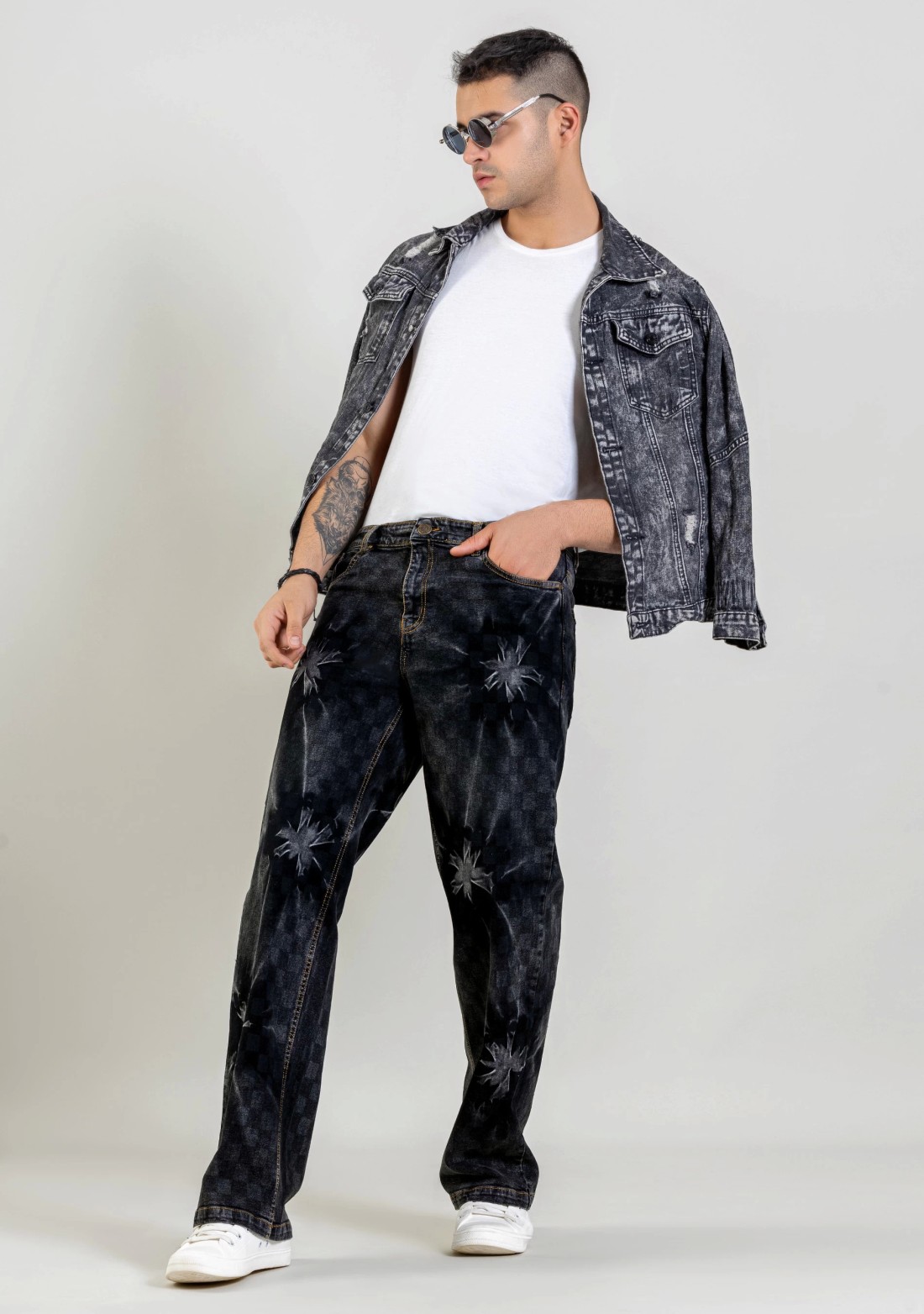 Black Wide Leg Tie And Dye Men's Checked Jeans