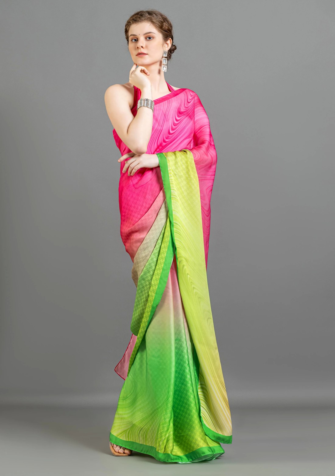 Ombre Marble Print Lightweight Satin Georgette Saree With Unstitched Blouse