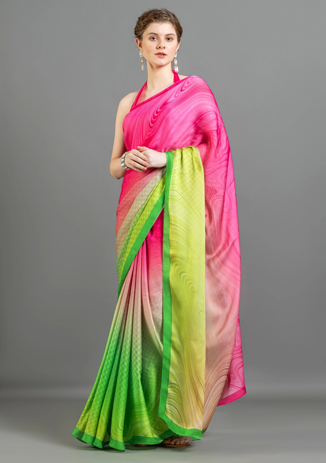 Ombre Marble Print Lightweight Satin Georgette Saree With Unstitched Blouse