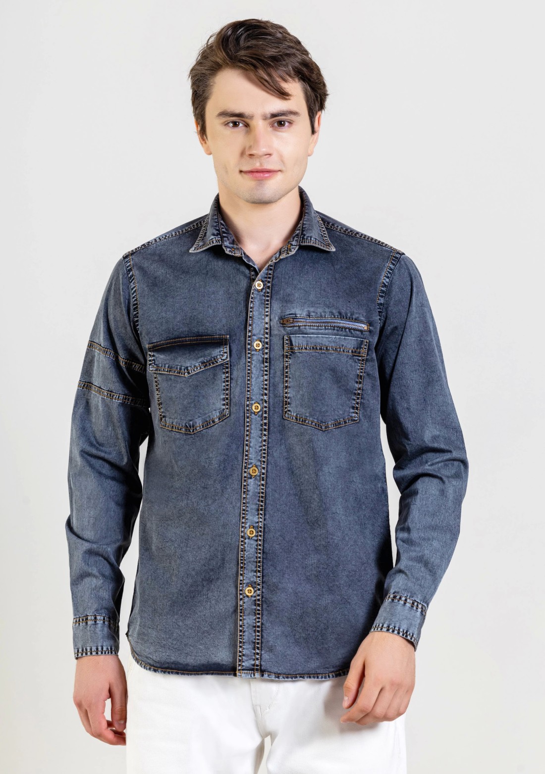 Dark Grey Regular Fit Men's  Denim Shirt