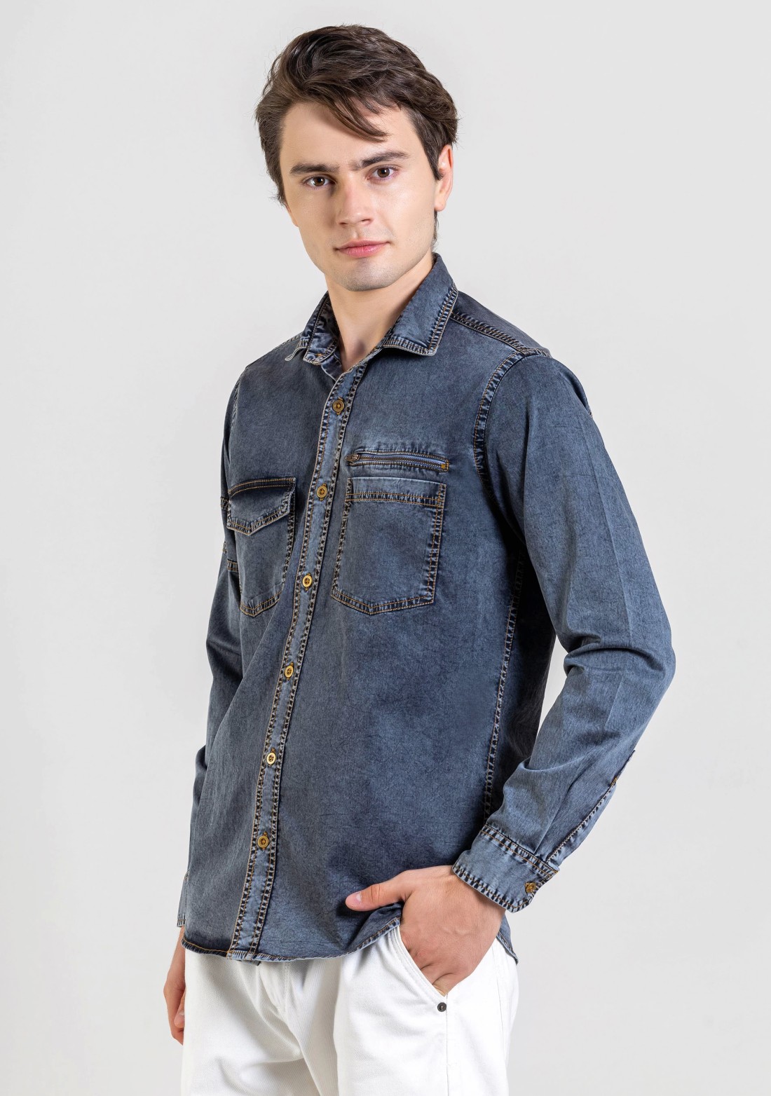 Dark Grey Regular Fit Men's  Denim Shirt