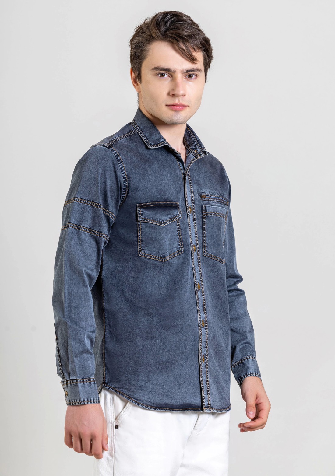 Dark Grey Regular Fit Men's  Denim Shirt