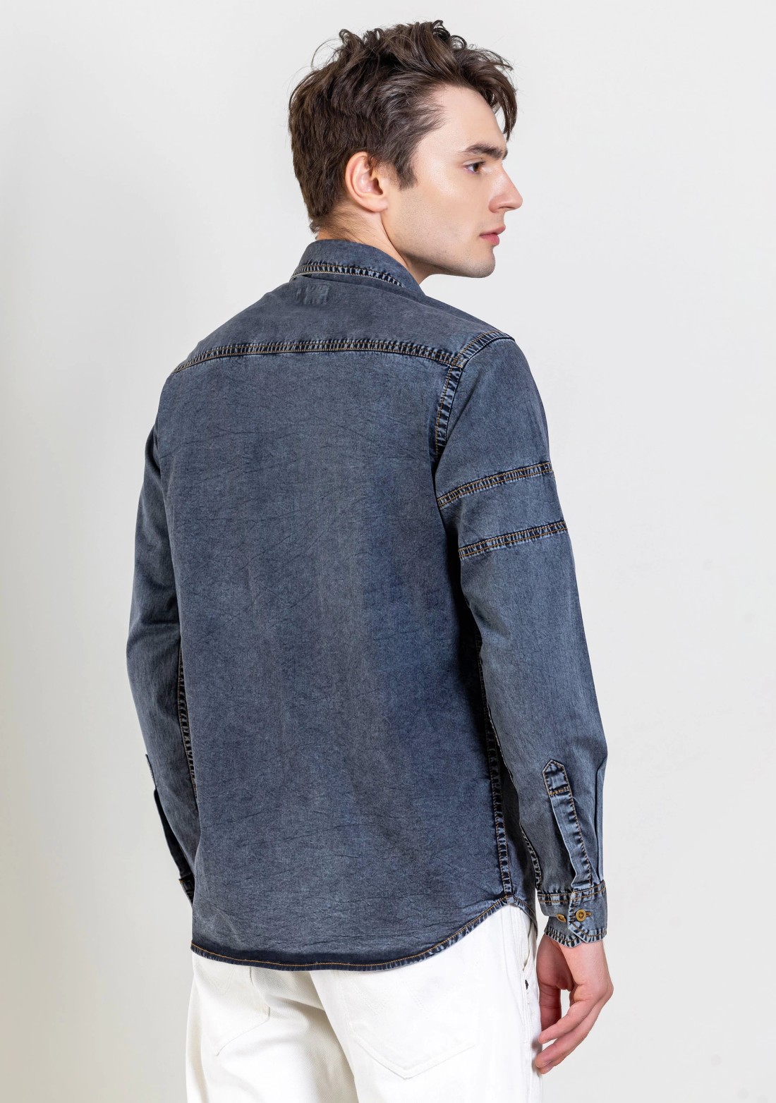 Dark Grey Regular Fit Men's  Denim Shirt