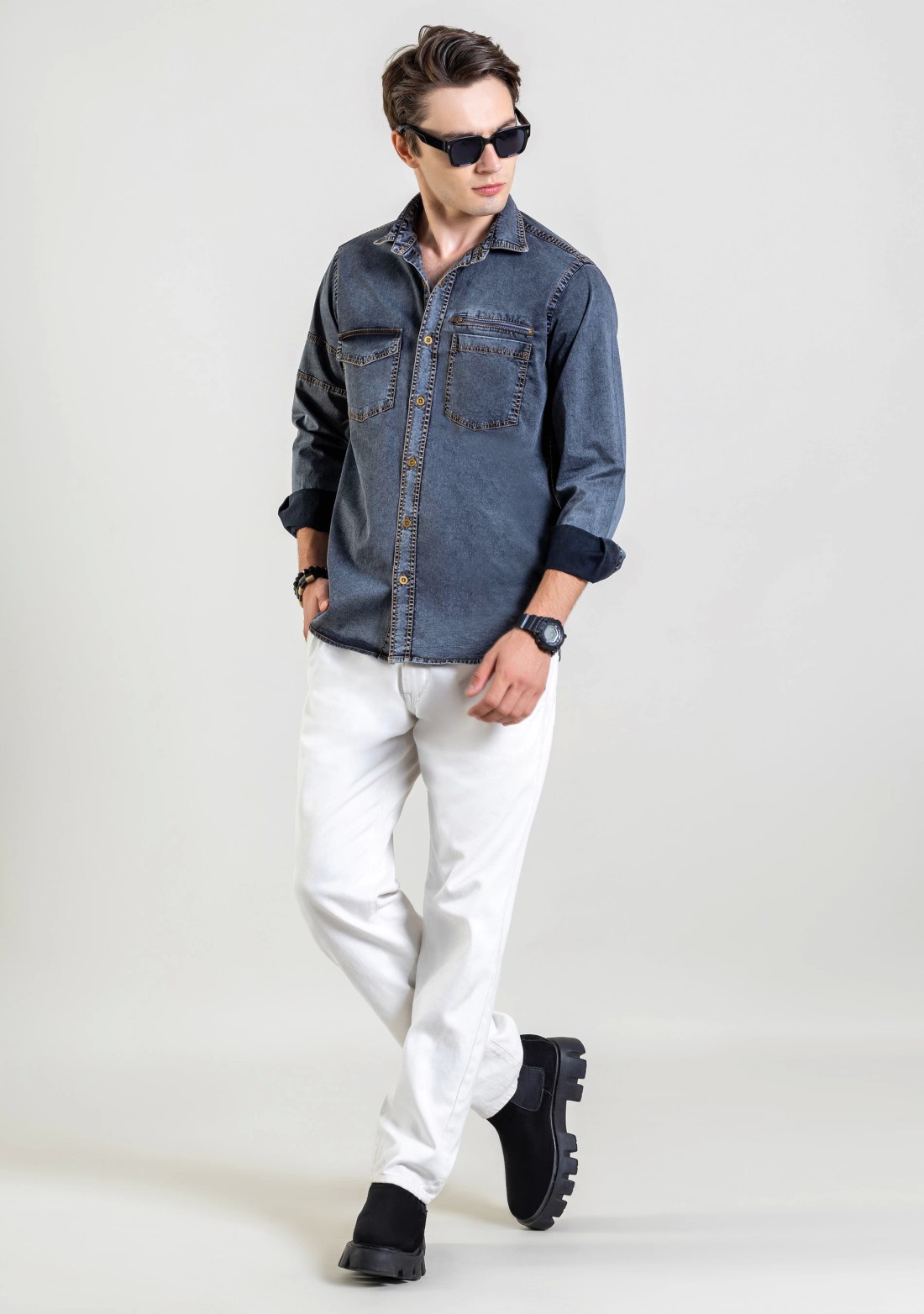 Dark Grey Regular Fit Men's  Denim Shirt