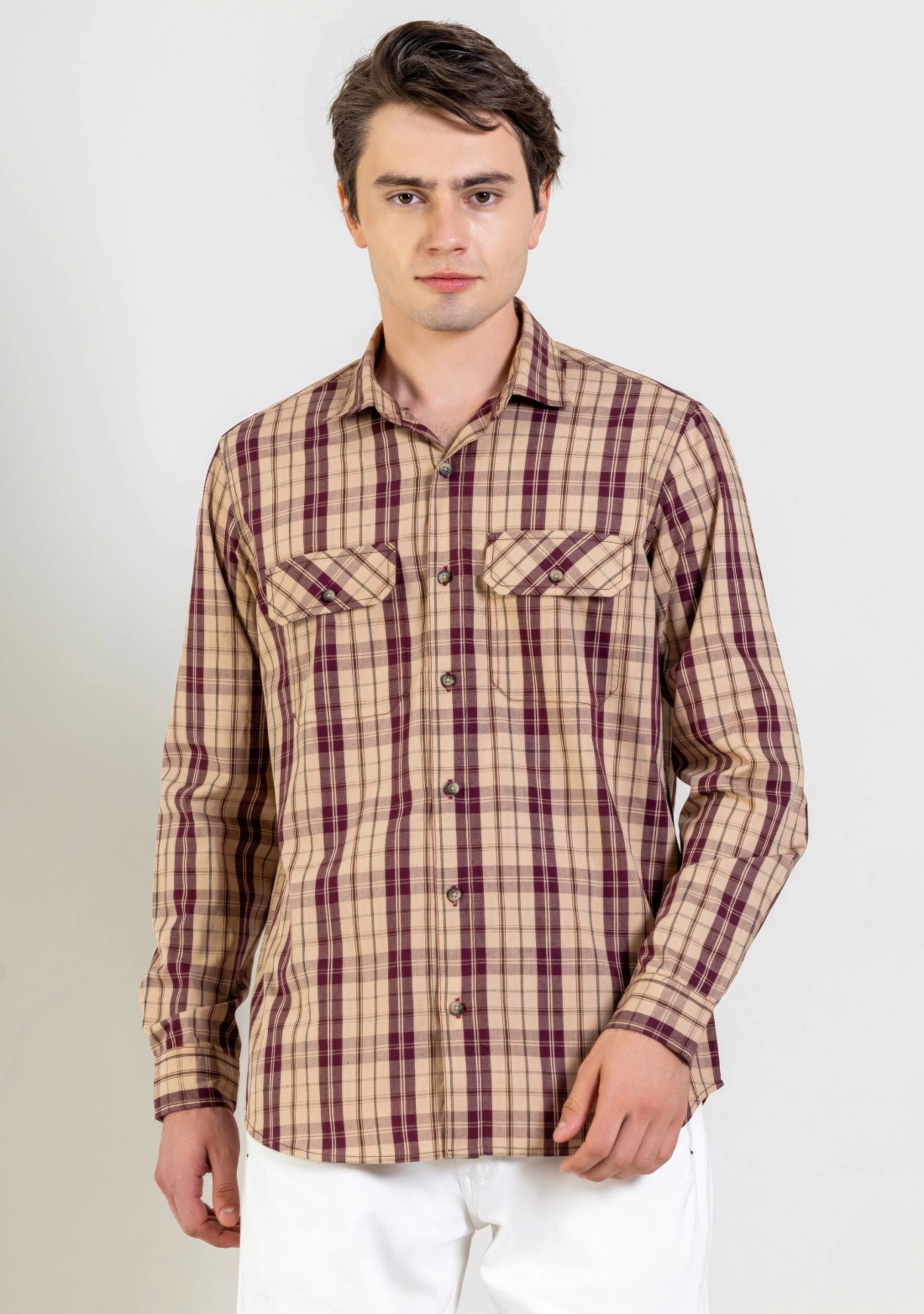 Beige Regular Fit Men's Cotton Check Shirt