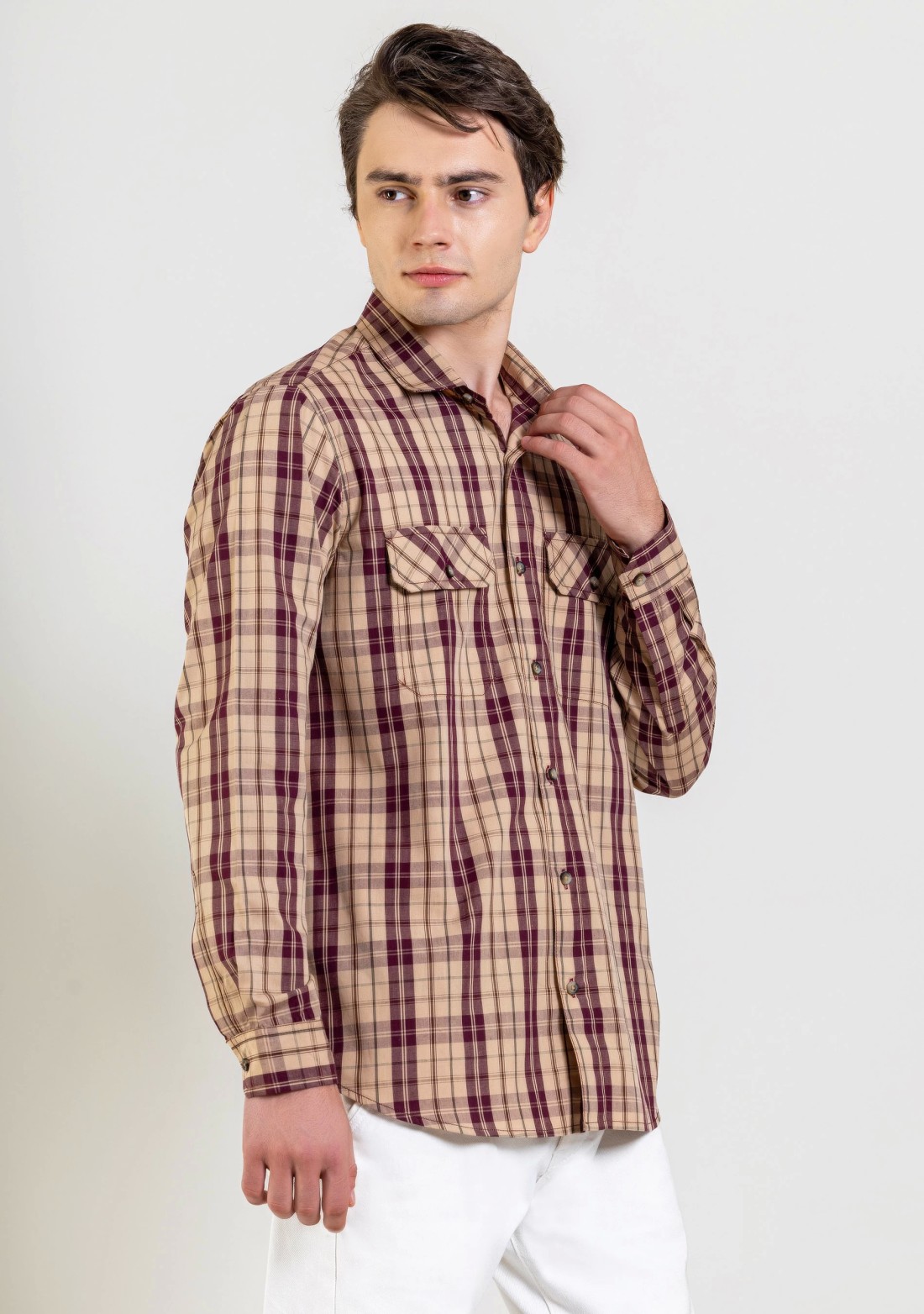 Beige Regular Fit Men's Cotton Check Shirt