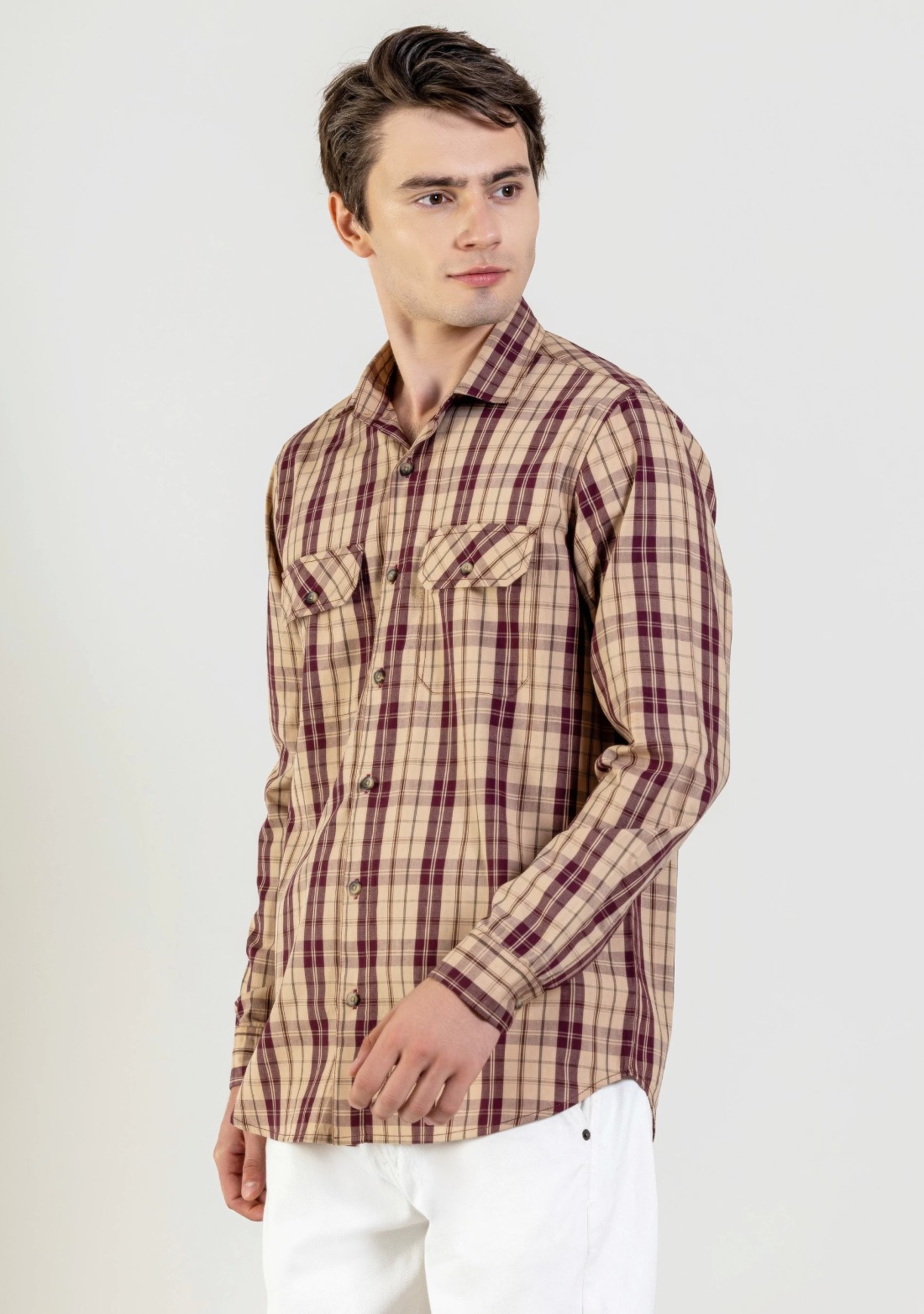 Beige Regular Fit Men's Cotton Check Shirt