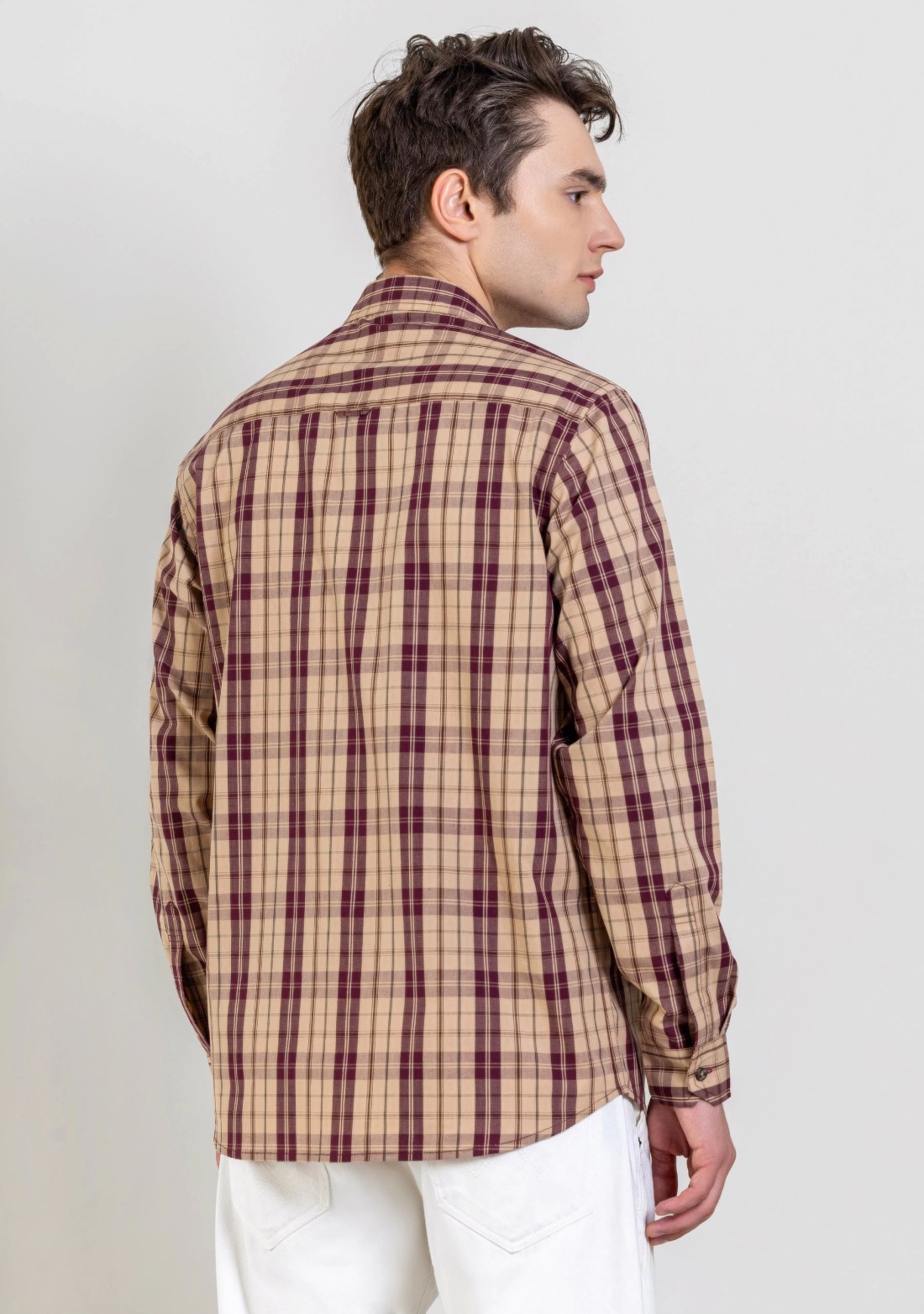 Beige Regular Fit Men's Cotton Check Shirt