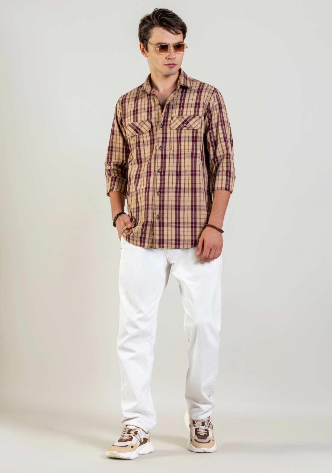 Beige Regular Fit Men's Cotton Check Shirt