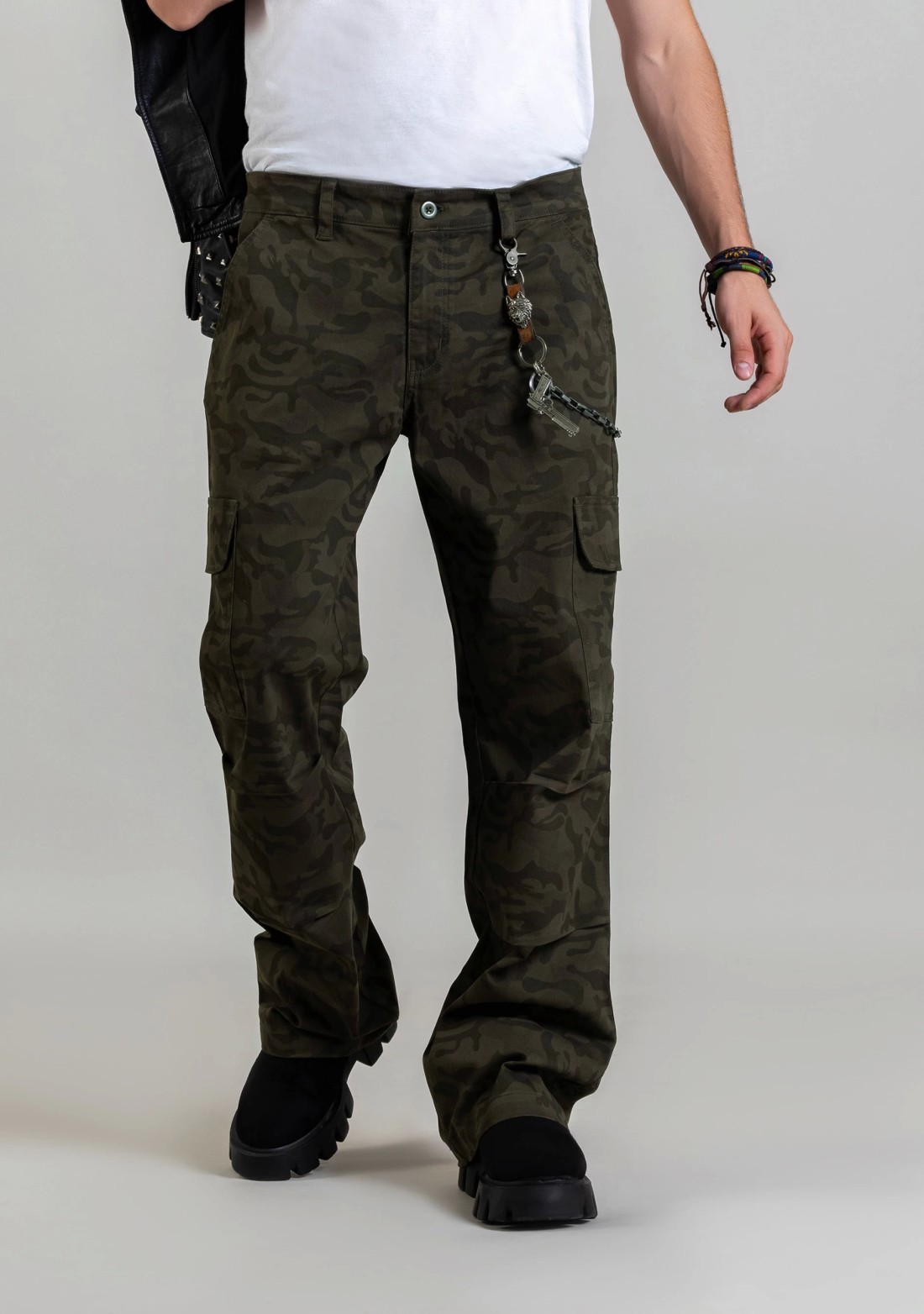 Green Camouflage Wide Leg Men's Cargo Trousers