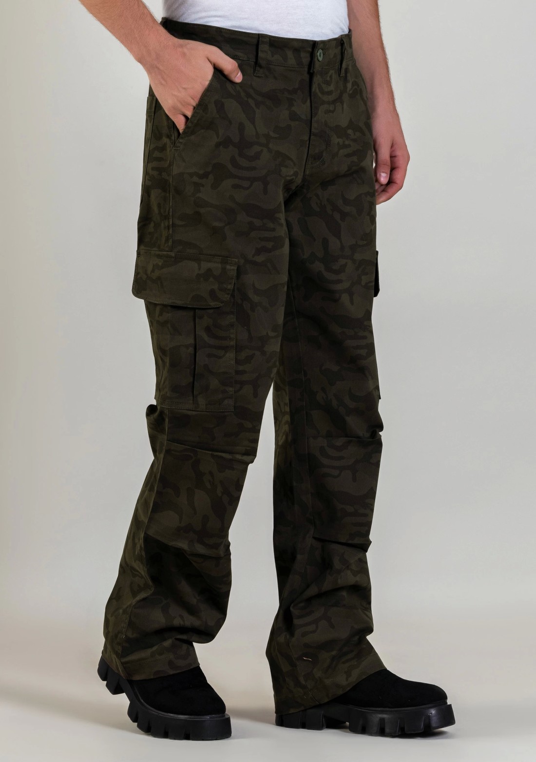 Green Camouflage Wide Leg Men's Cargo Trousers