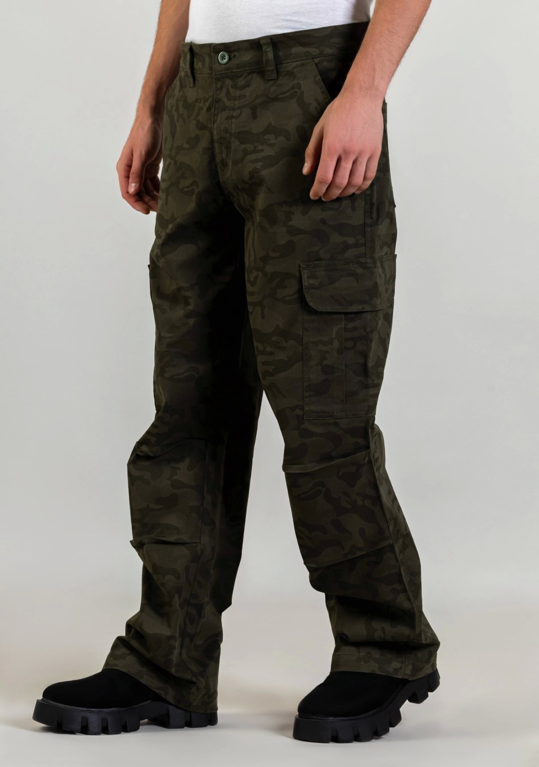 Green Camouflage Wide Leg Men's Cargo Trousers