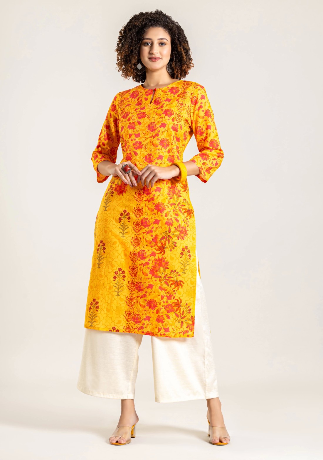 Yellow Floral Print Cotton Straight Kurta