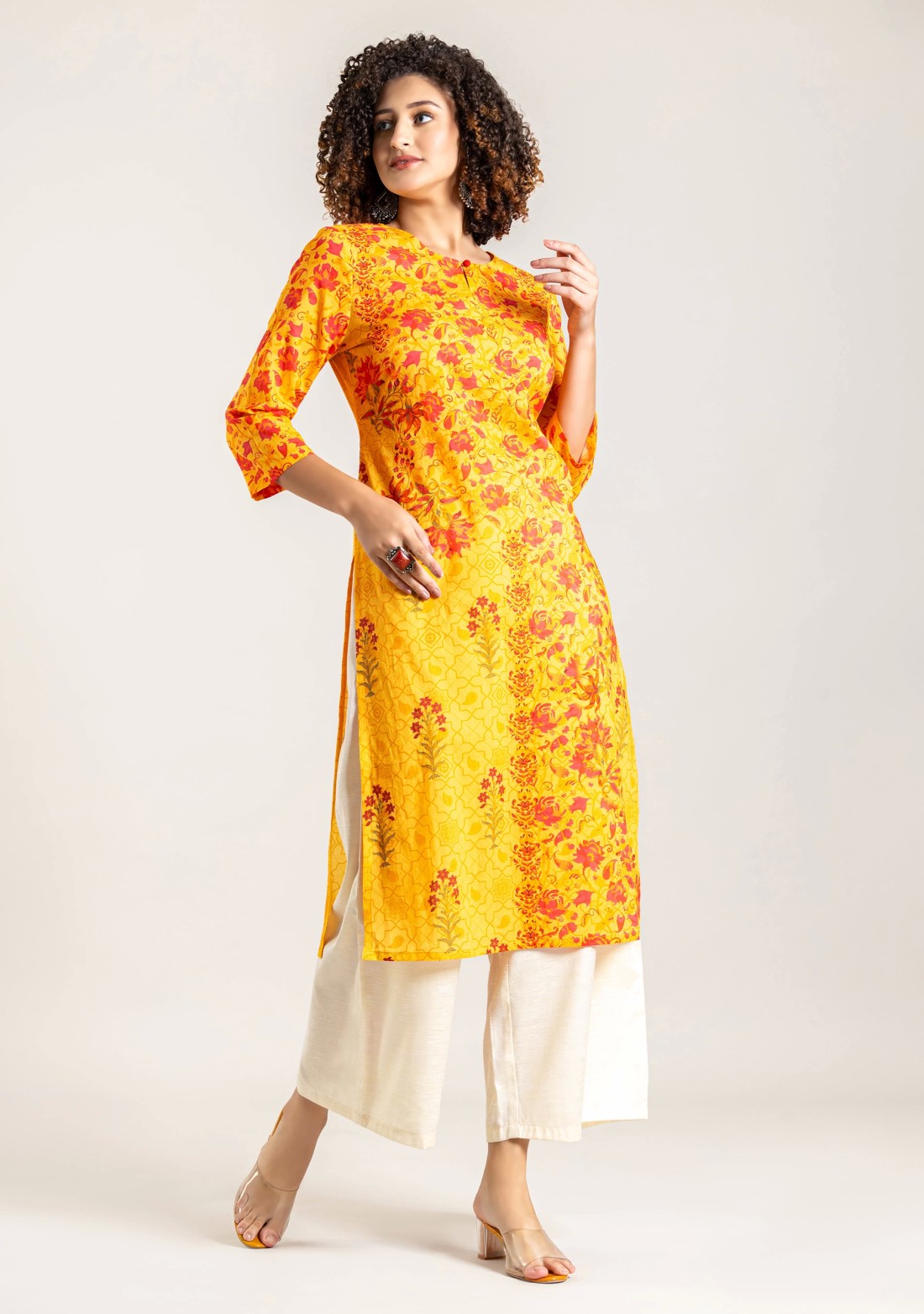 Yellow Floral Print Cotton Straight Kurta