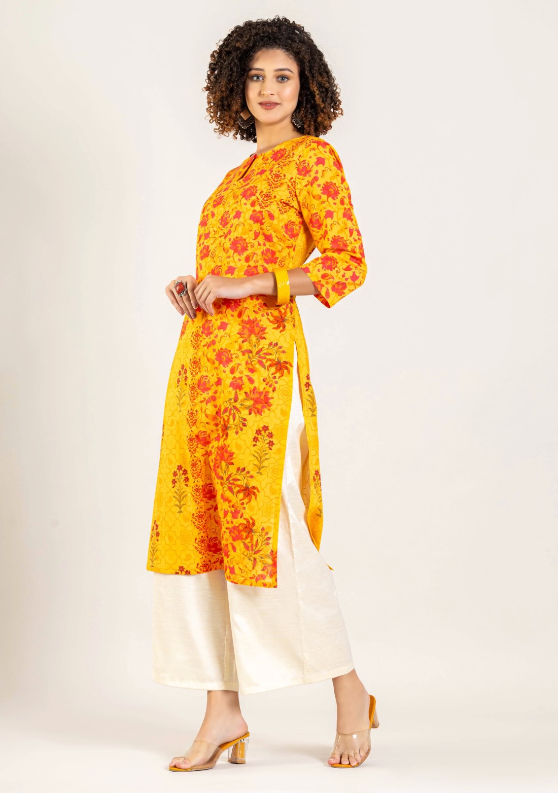 Yellow Floral Print Cotton Straight Kurta