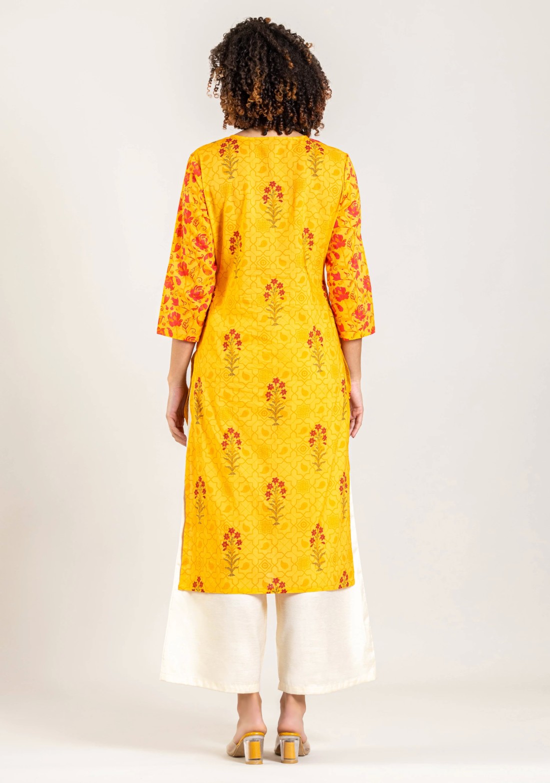 Yellow Floral Print Cotton Straight Kurta