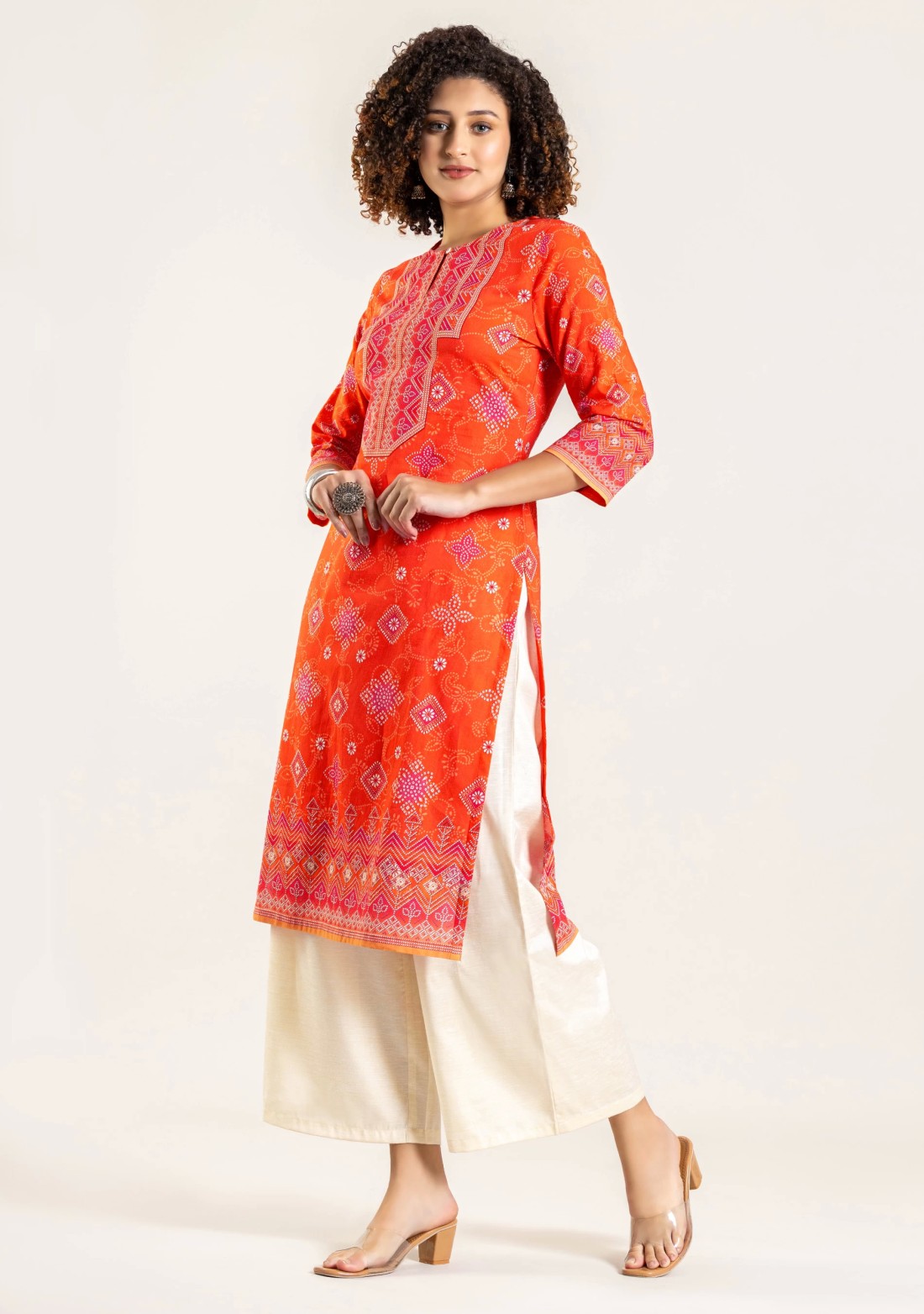 Orange Ethnic Print Cotton Straight Kurta