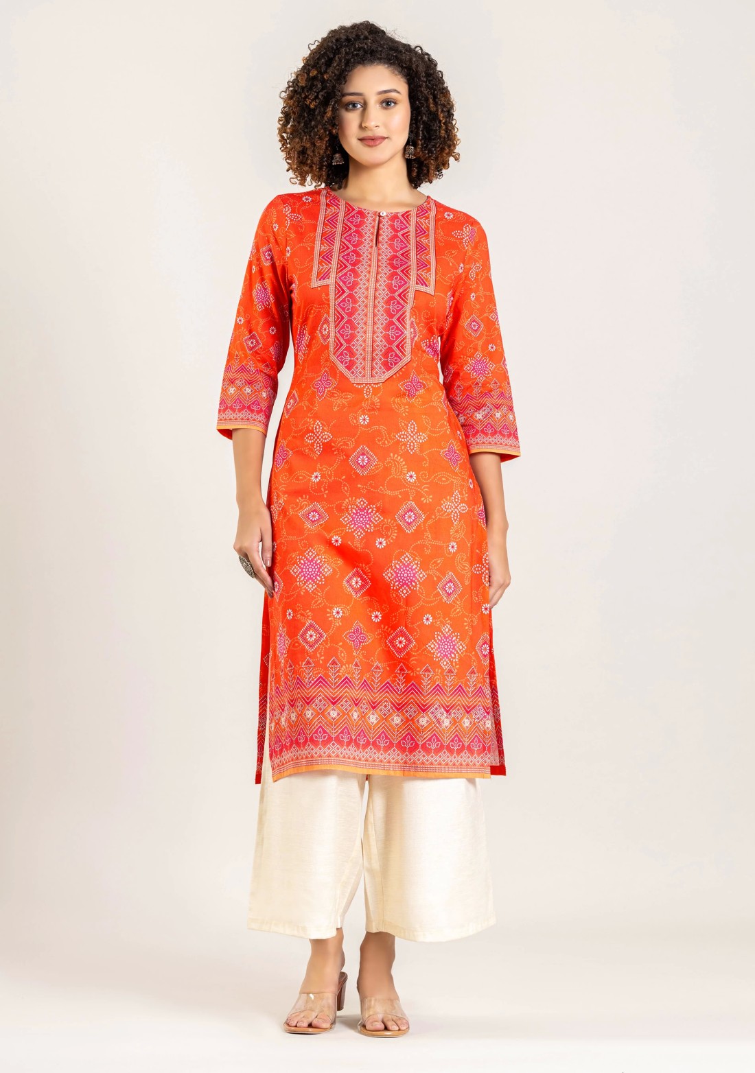 Orange Ethnic Print Cotton Straight Kurta