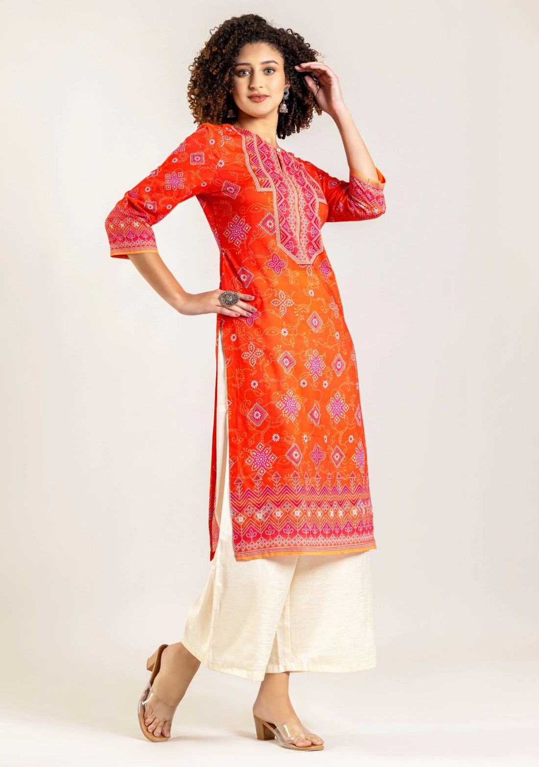 Orange Ethnic Print Cotton Straight Kurta