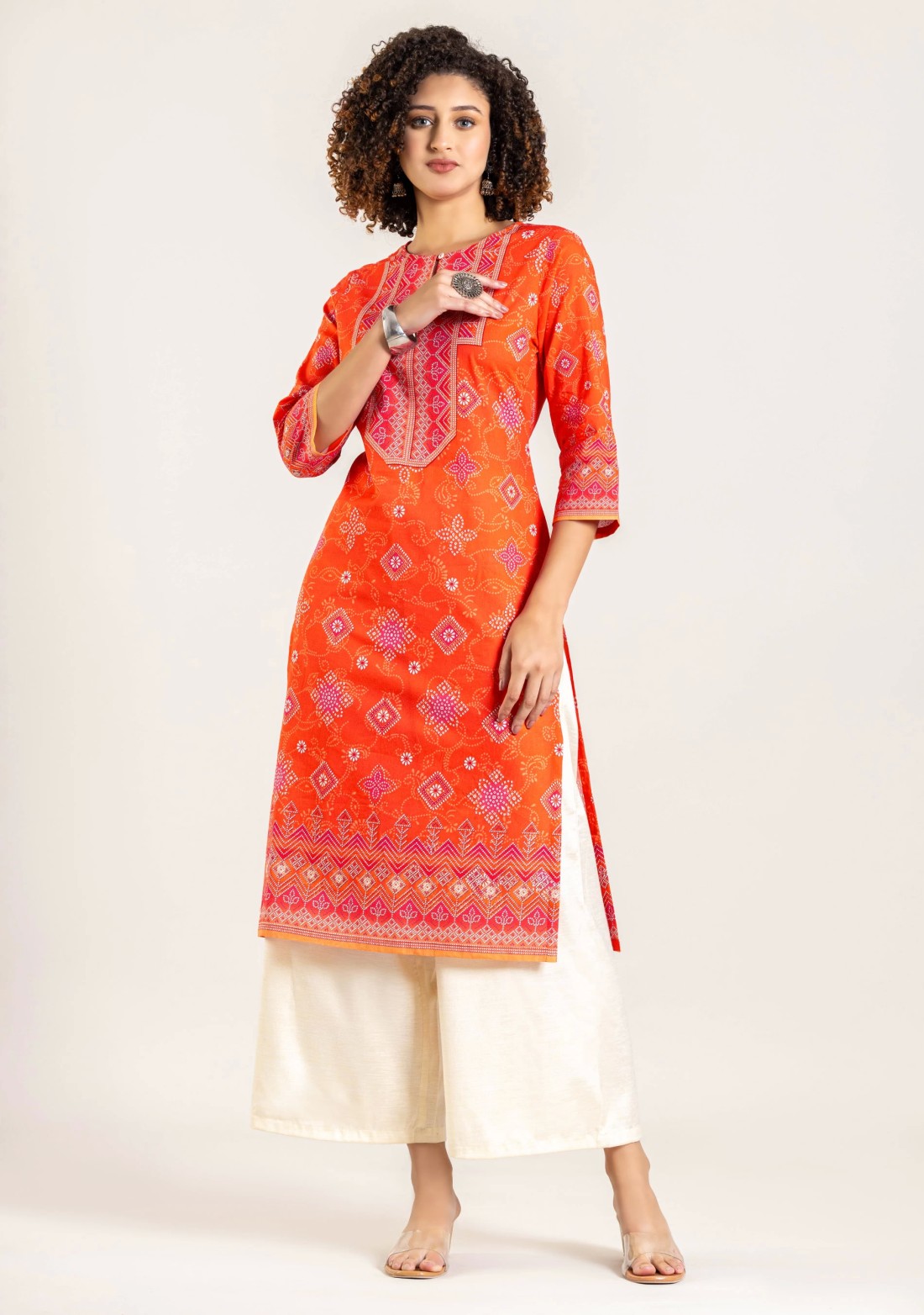 Orange Ethnic Print Cotton Straight Kurta