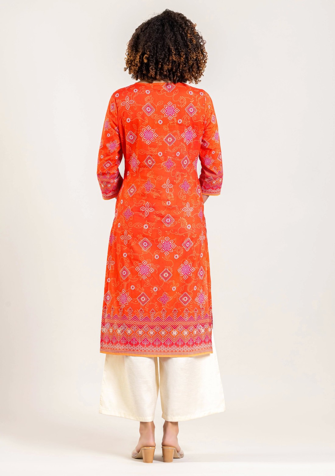 Orange Ethnic Print Cotton Straight Kurta