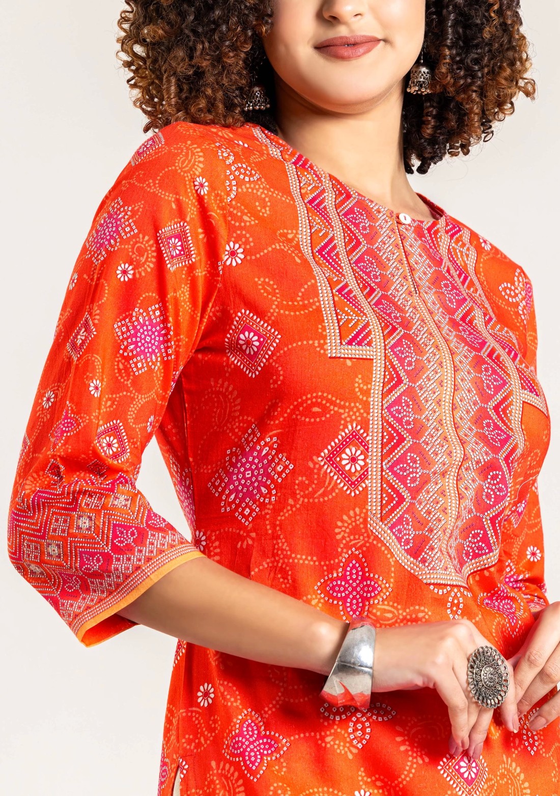 Orange Ethnic Print Cotton Straight Kurta