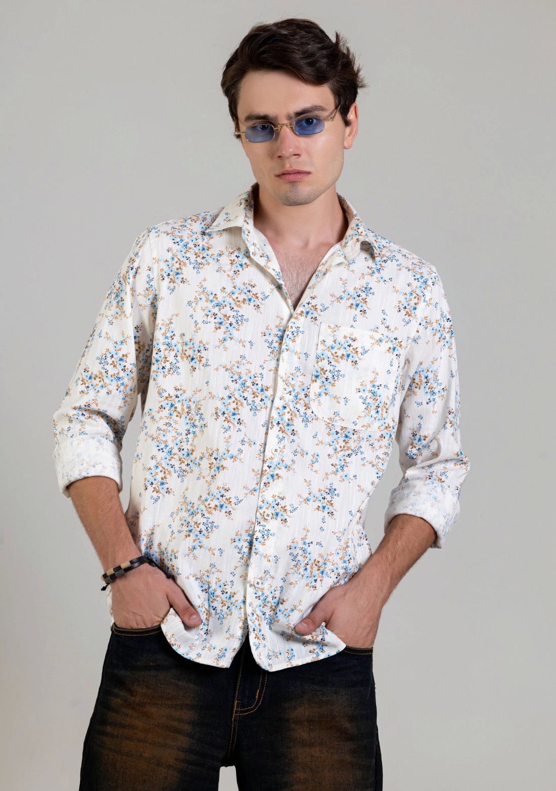 Cream Printed Regular Fit Men's Casual Cotton Shirt