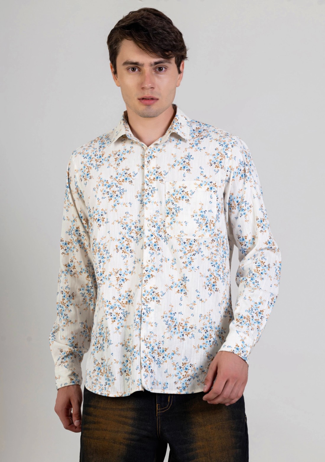 Cream Printed Regular Fit Men's Casual Cotton Shirt