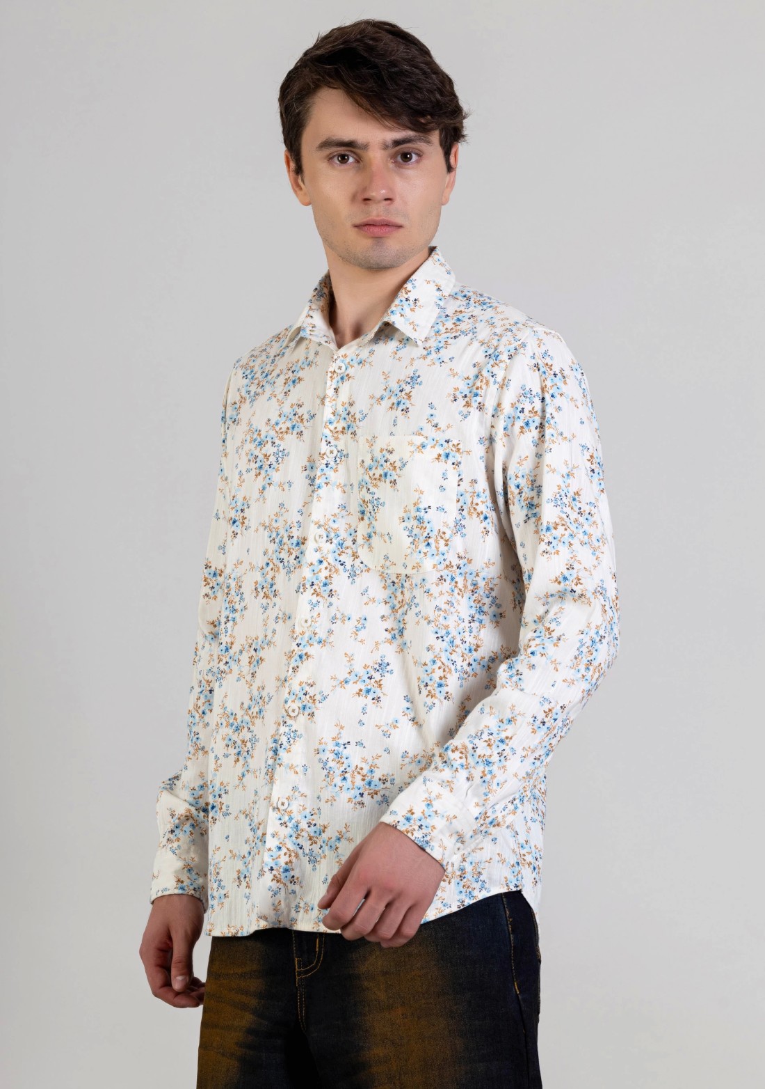 Cream Printed Regular Fit Men's Casual Cotton Shirt