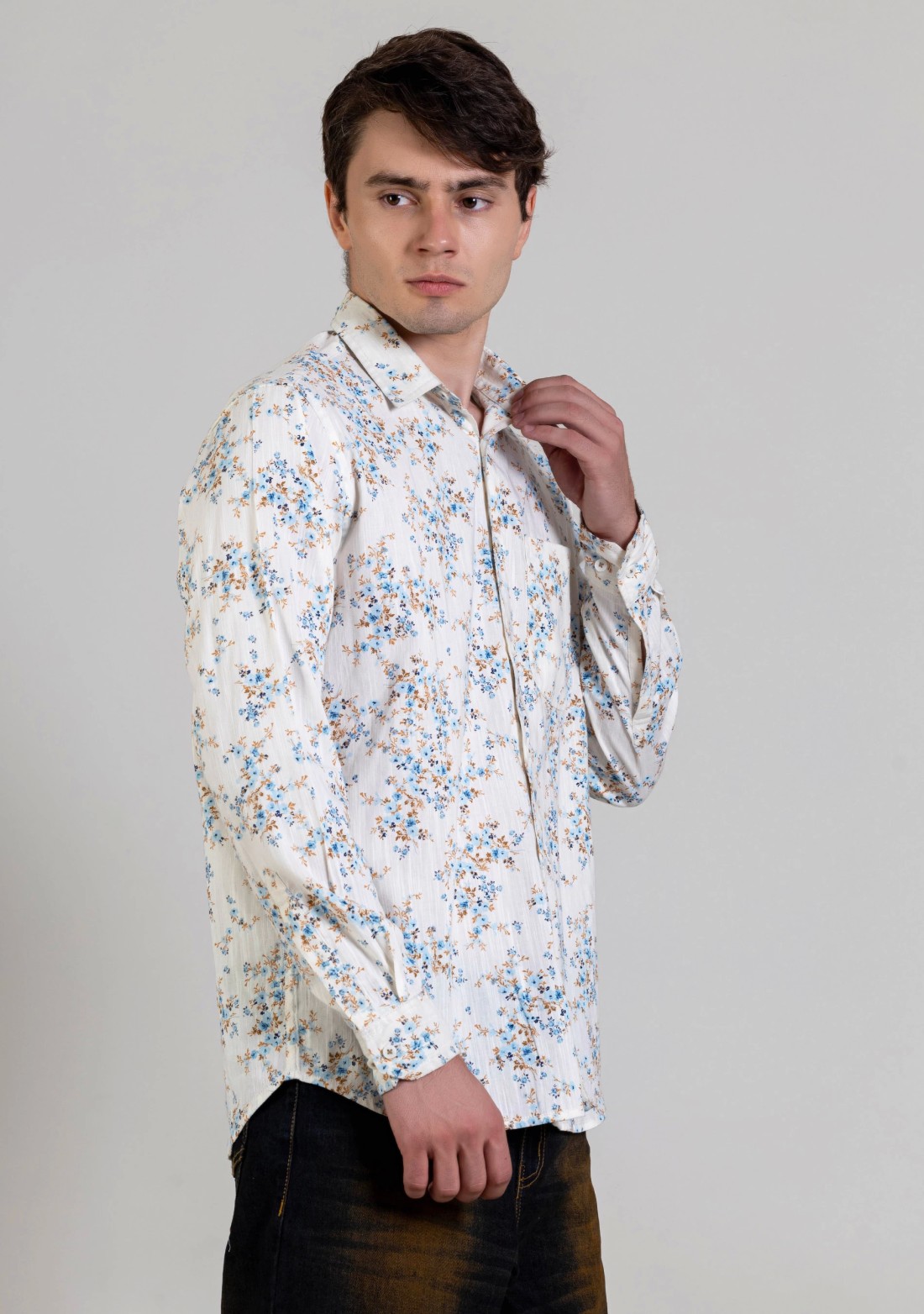 Cream Printed Regular Fit Men's Casual Cotton Shirt